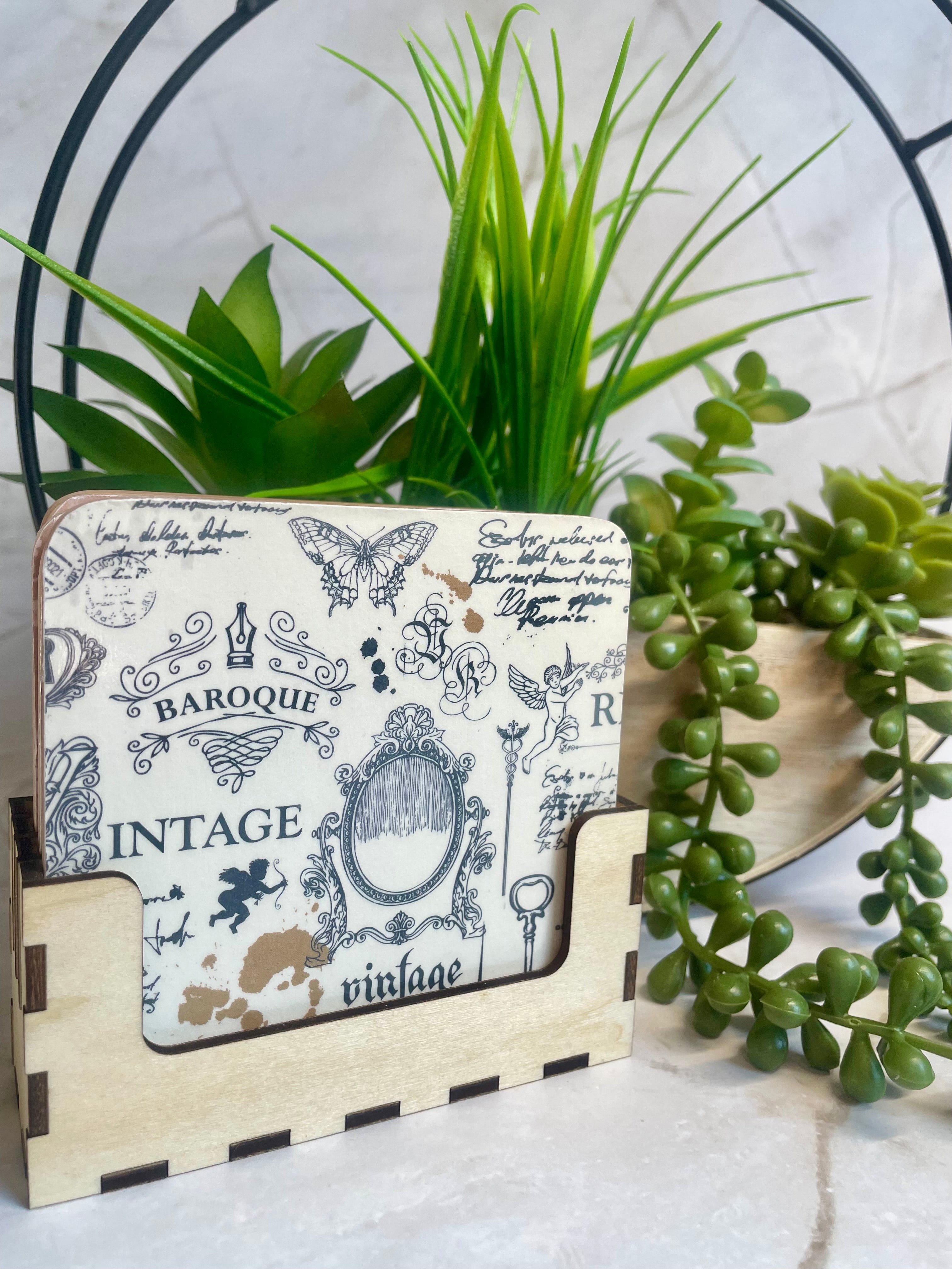 Vintage Botanical Wooden Coaster Set with Holder – Decorative Drink Coasters