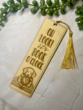 Engraved Wooden Bookmark – “Oh Look It's Book O'clock” – Book Lover Gift – Rustic Basswood Page Marker with Tassel