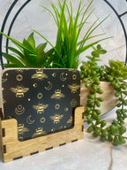 Bee Themed Wooden Coaster Set with Holder – Honeybee Drink Coasters