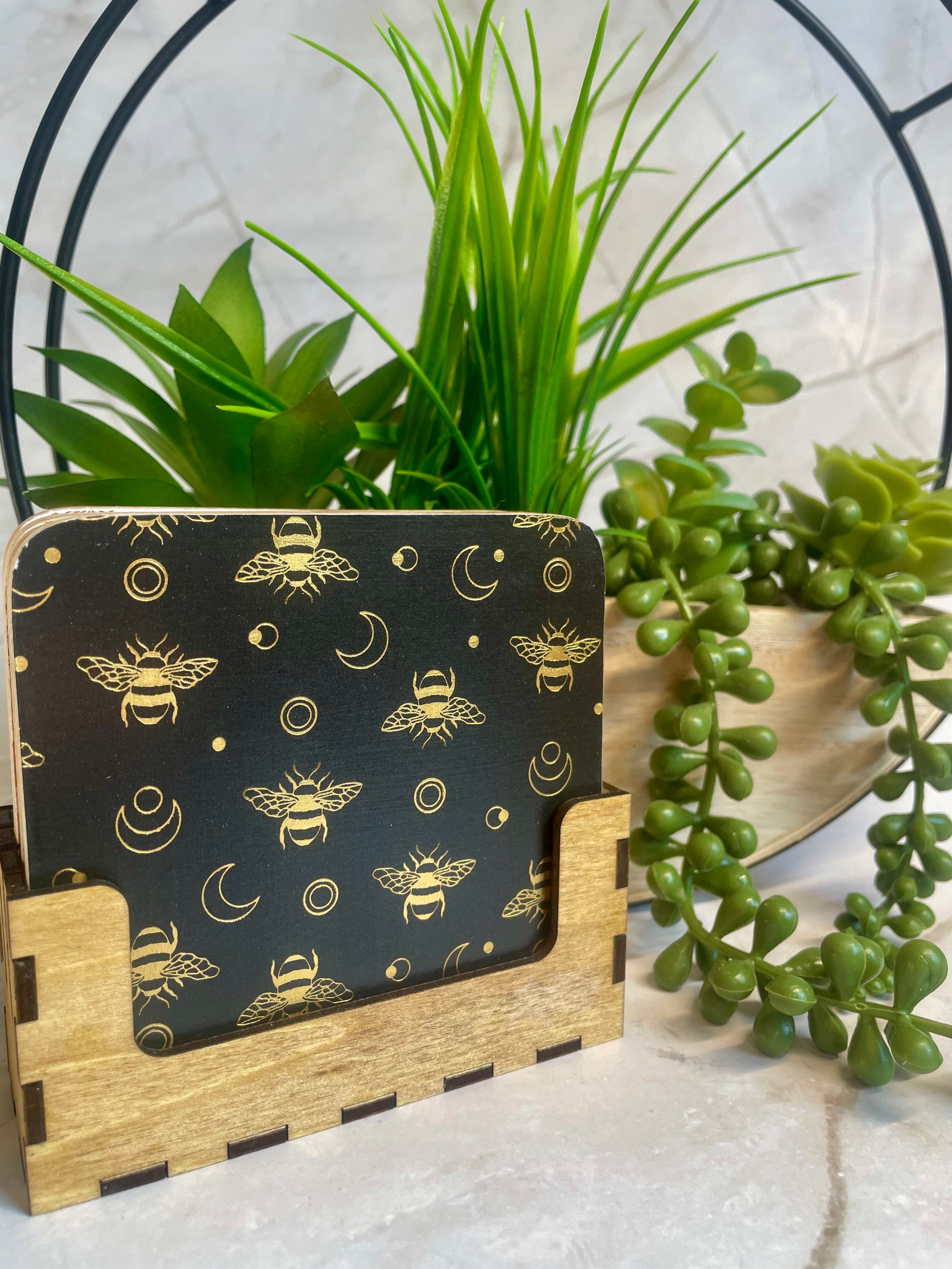 Bee Themed Wooden Coaster Set with Holder – Honeybee Drink Coasters