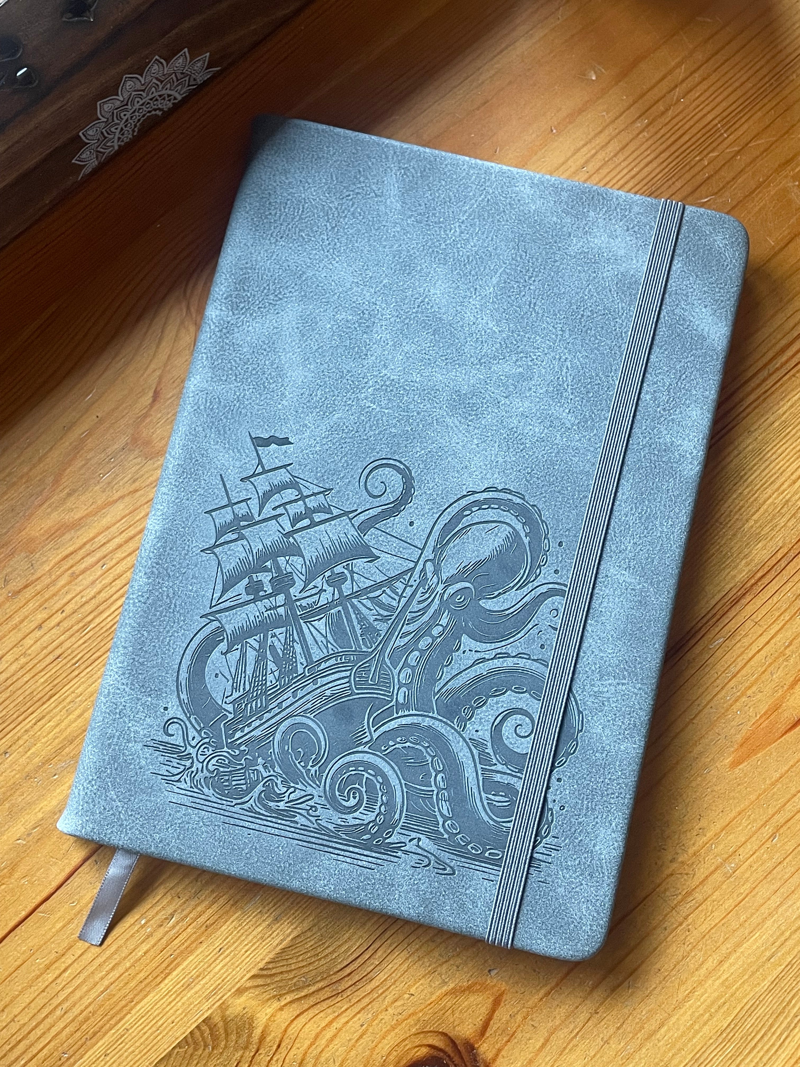 The Kraken- Grey Engraved A5 Faux Leather Lined Notebook