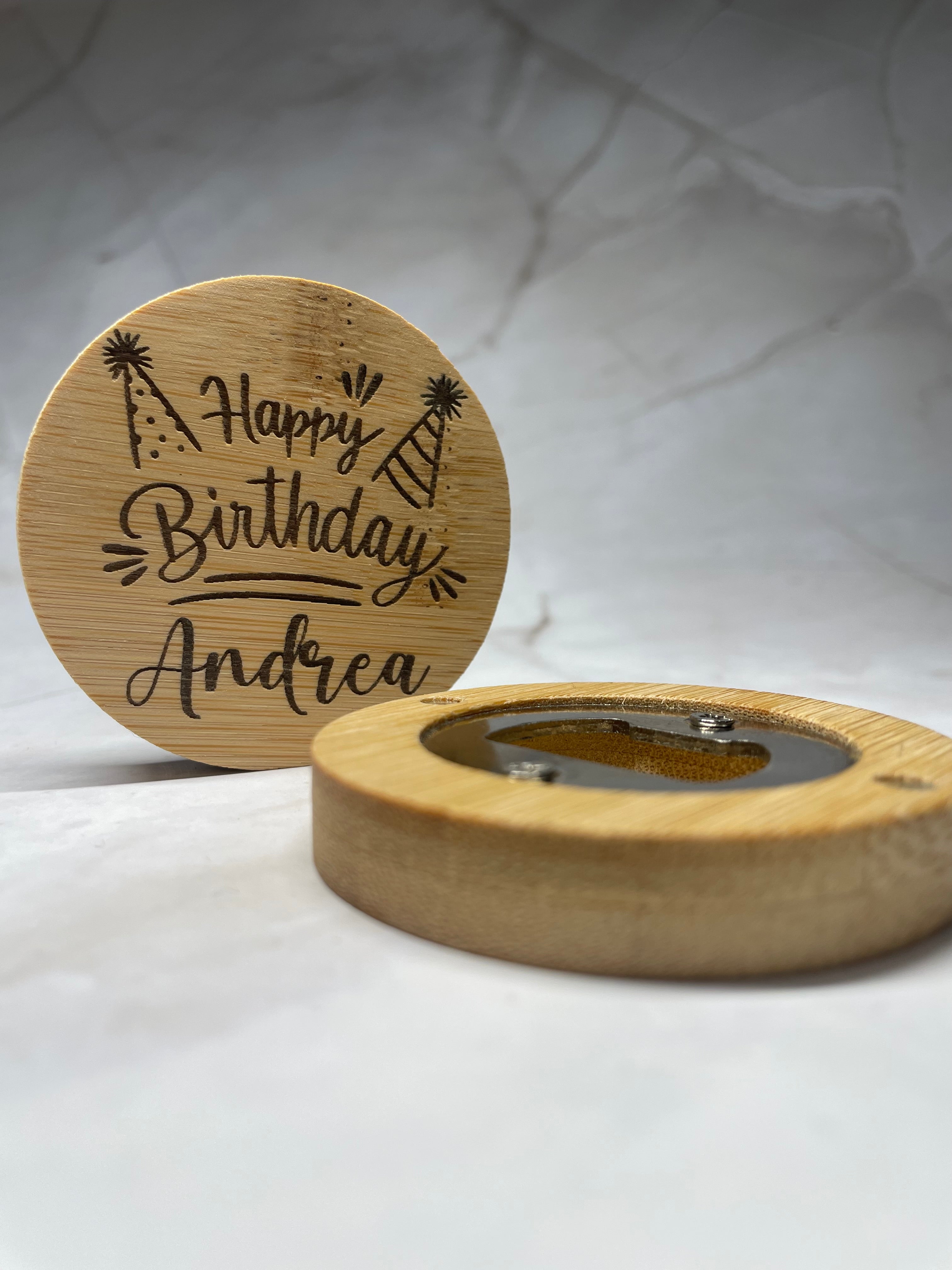 Personalised Bamboo Magnetic Bottle Opener – Happy Birthday Gift