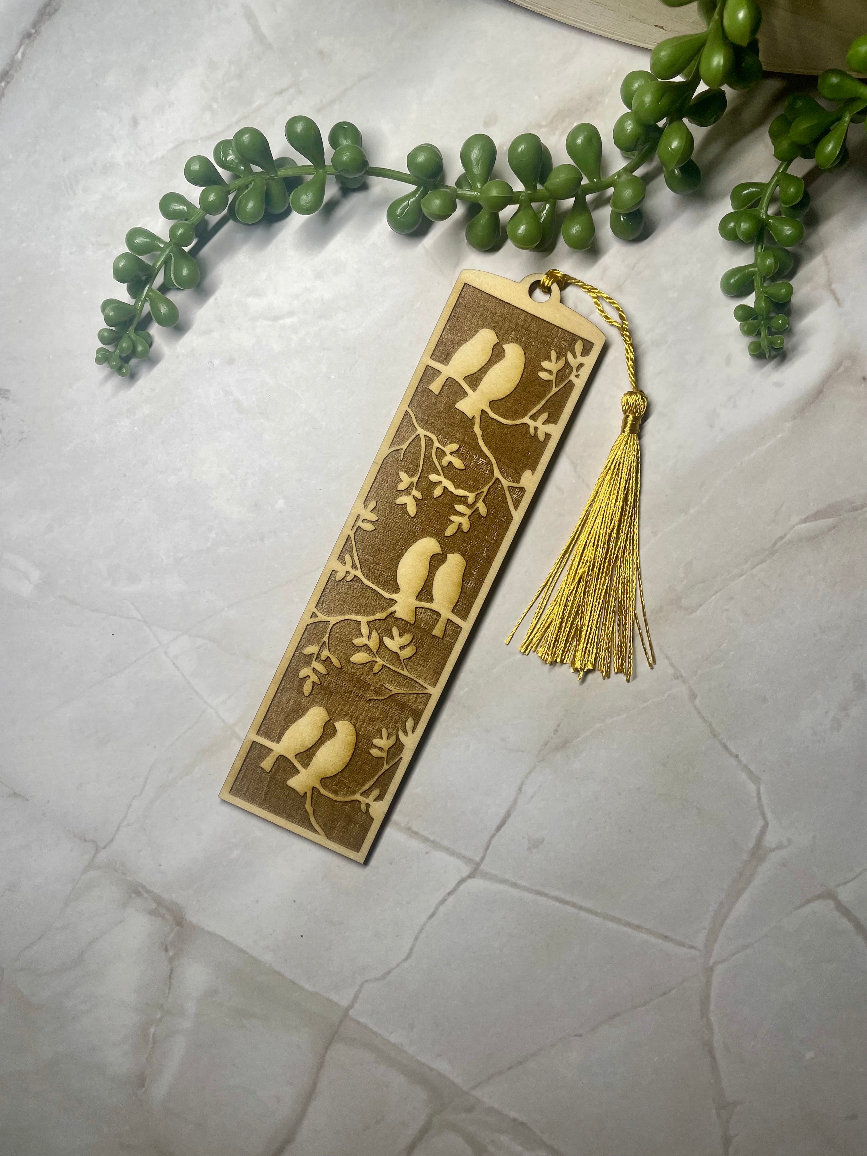 Engraved Wooden Bird Bookmark – Nature Lover Gift – Tree & Birds Design – Rustic Basswood Page Marker with Tassel