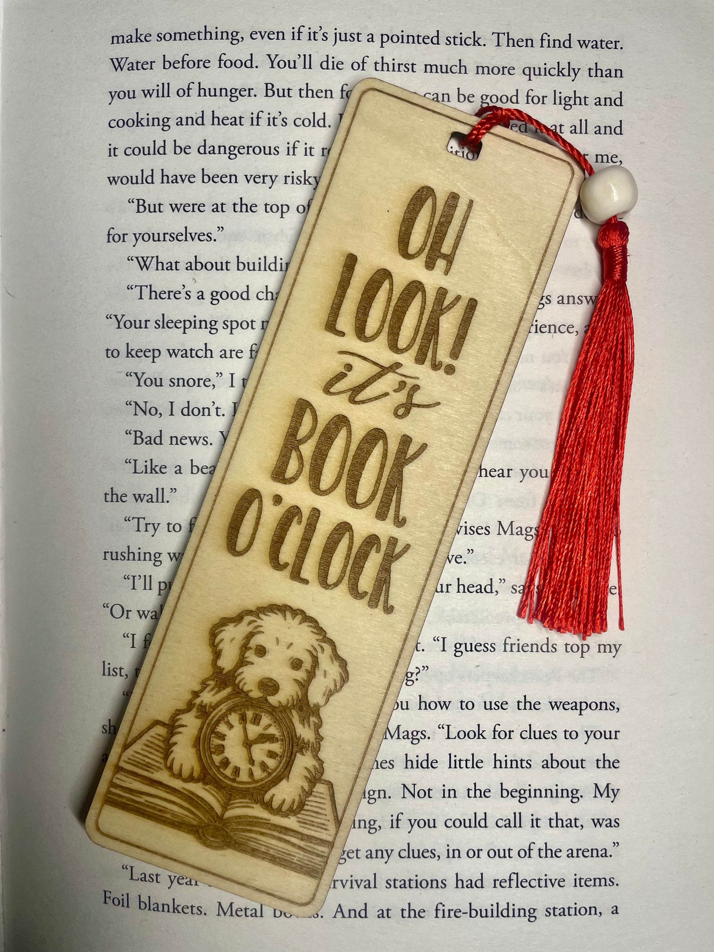 Engraved Wooden Bookmark – “Oh Look It's Book O'clock” – Book Lover Gift – Rustic Basswood Page Marker with Tassel