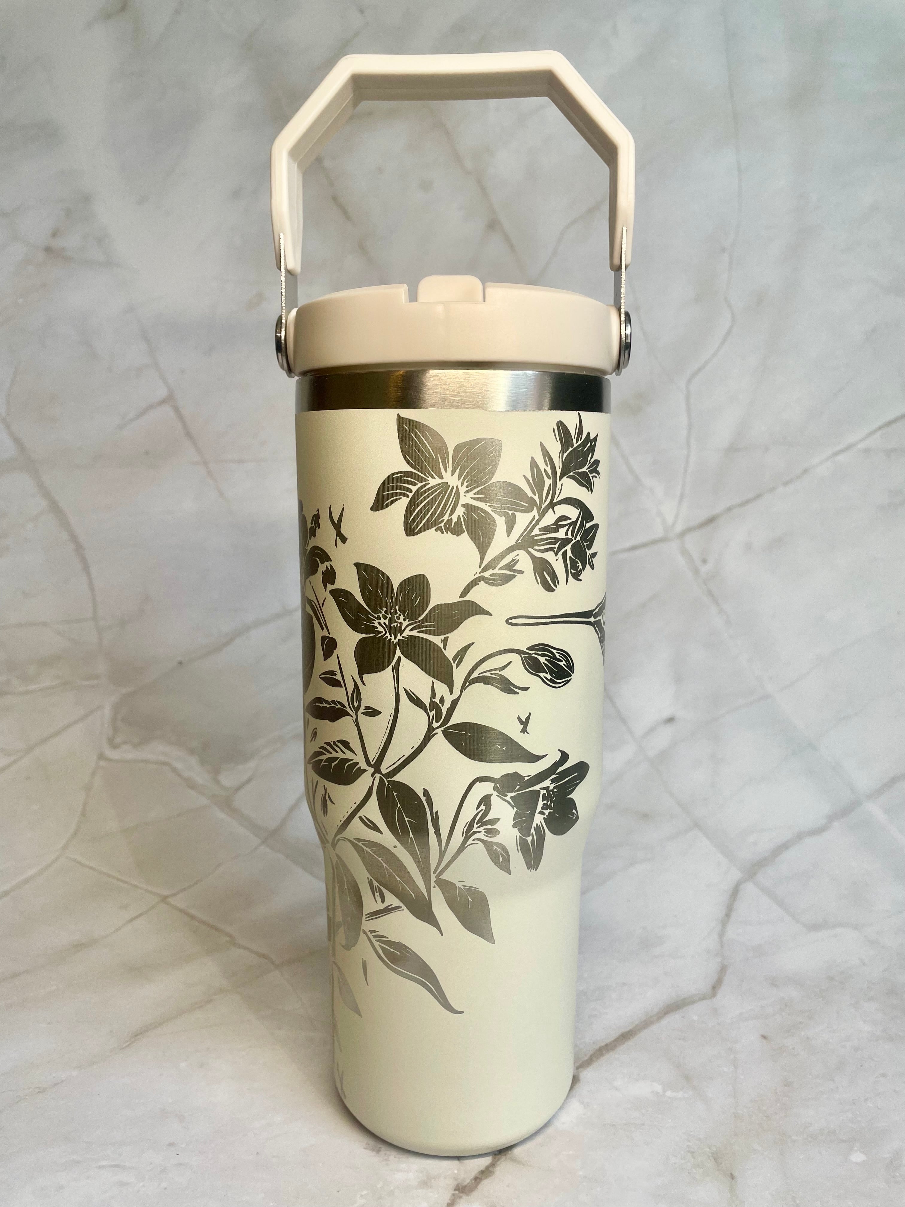 Floral & Hummingbird Engraved Stainless Steel Tumbler – Botanical Travel Mug
