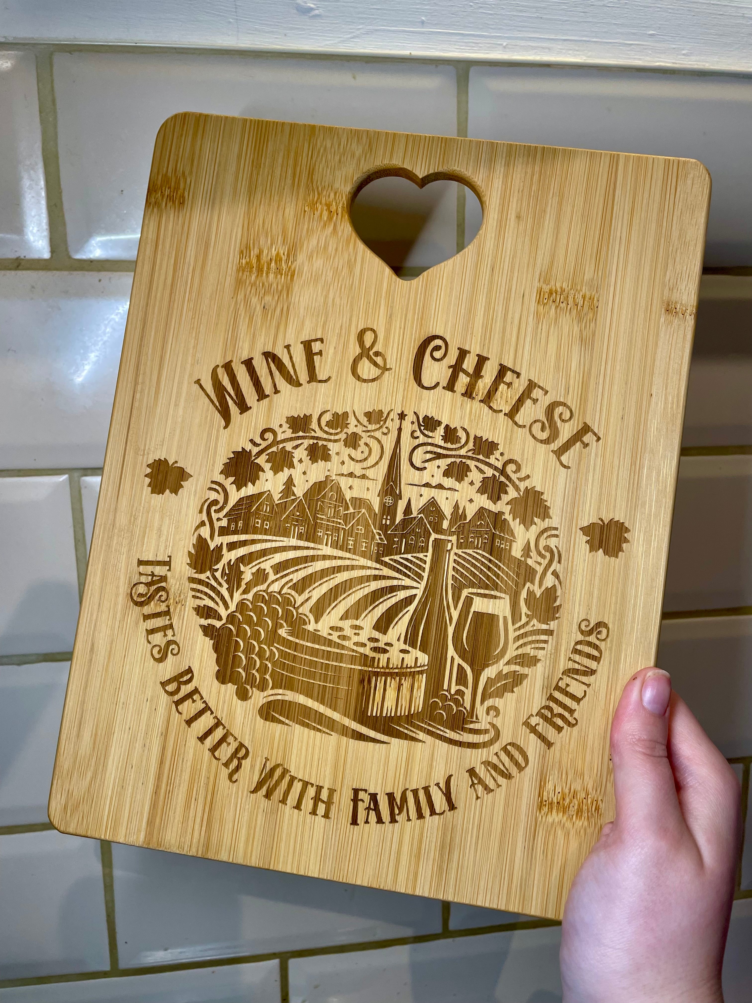 Wine & Cheese Engraved Bamboo Chopping Board – Rustic Vineyard Serving Board
