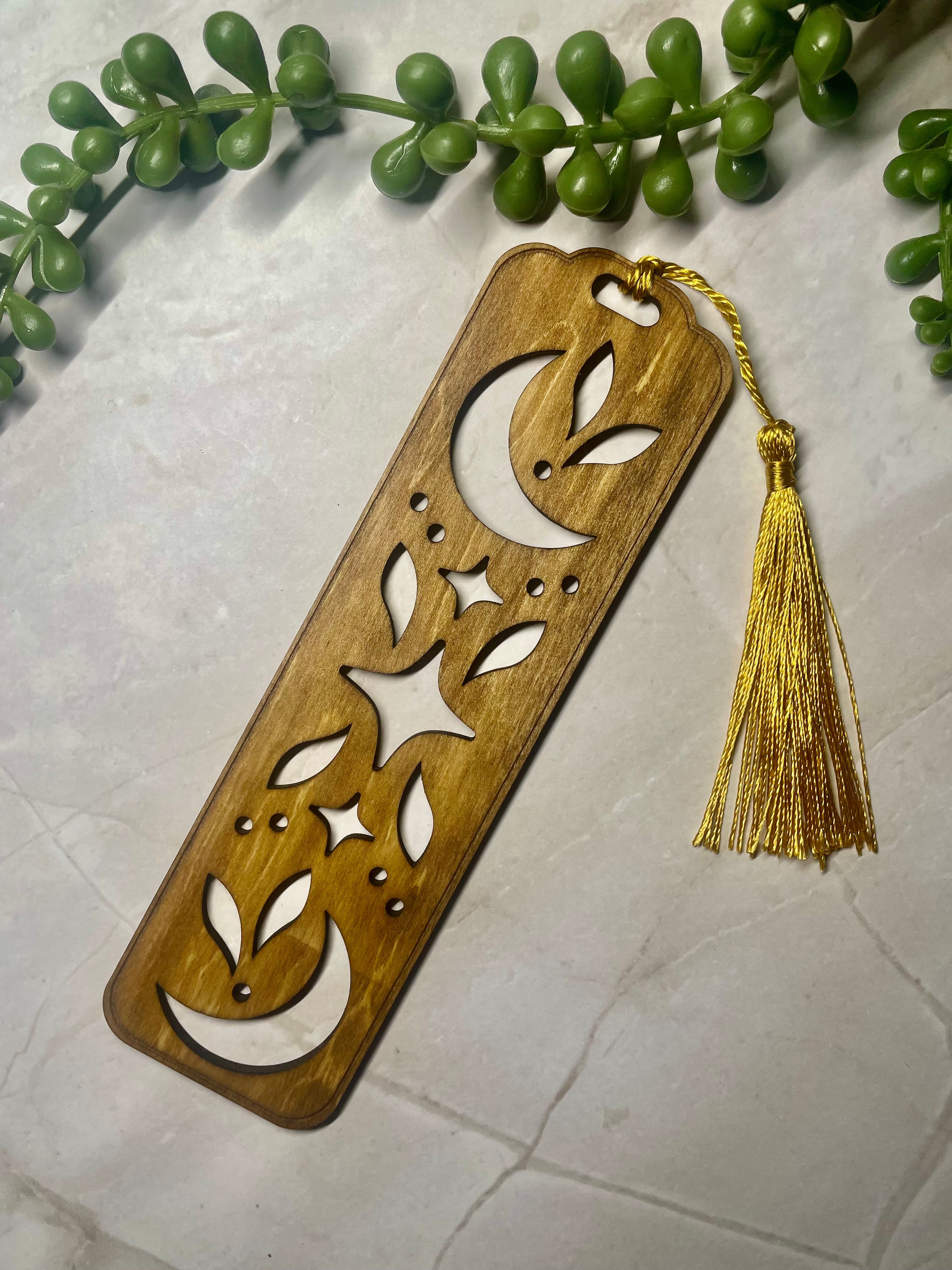 Celestial Wooden Bookmark – Moon & Stars Cut-Out Design – Rustic Basswood Page Marker with Tassel – Gift for Book Lovers