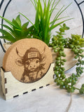 Highland Cow Coffee Lover Engraved Cork Coaster Set with Holder