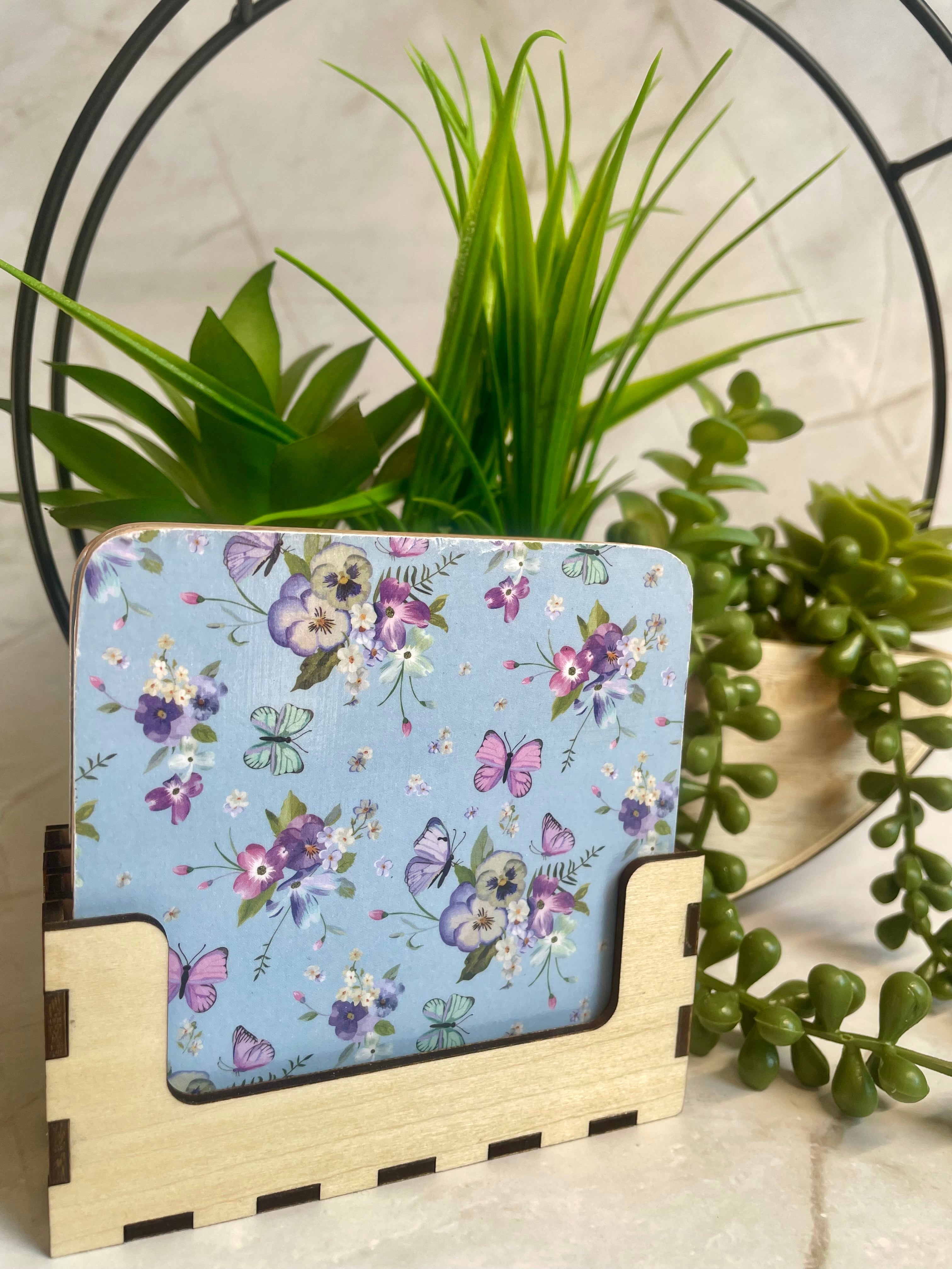 Floral Wooden Coaster Set with Holder – Botanical Drink Coasters