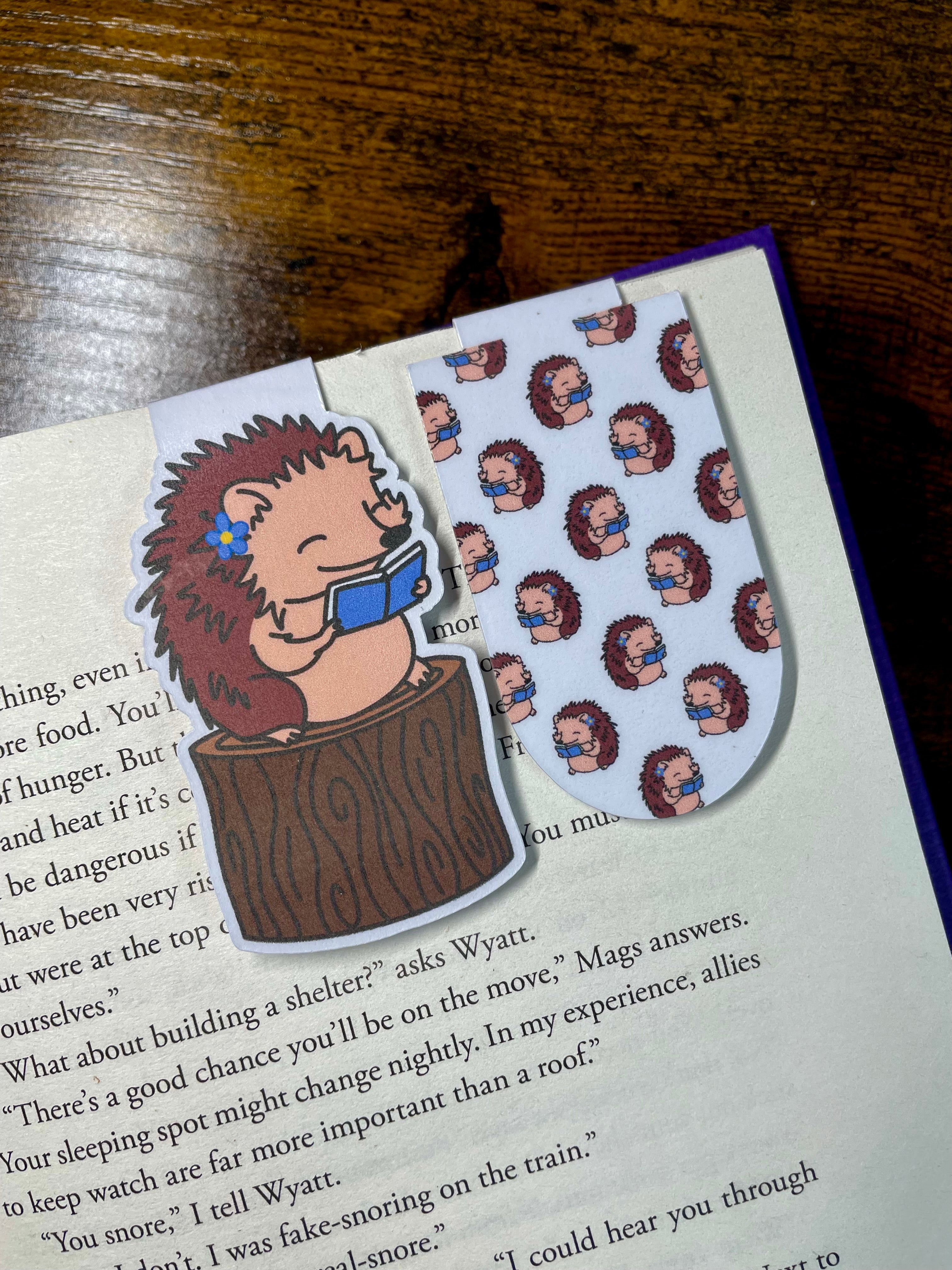 Sitting Hedgehog Reading On A Log- Magnetic Bookmark