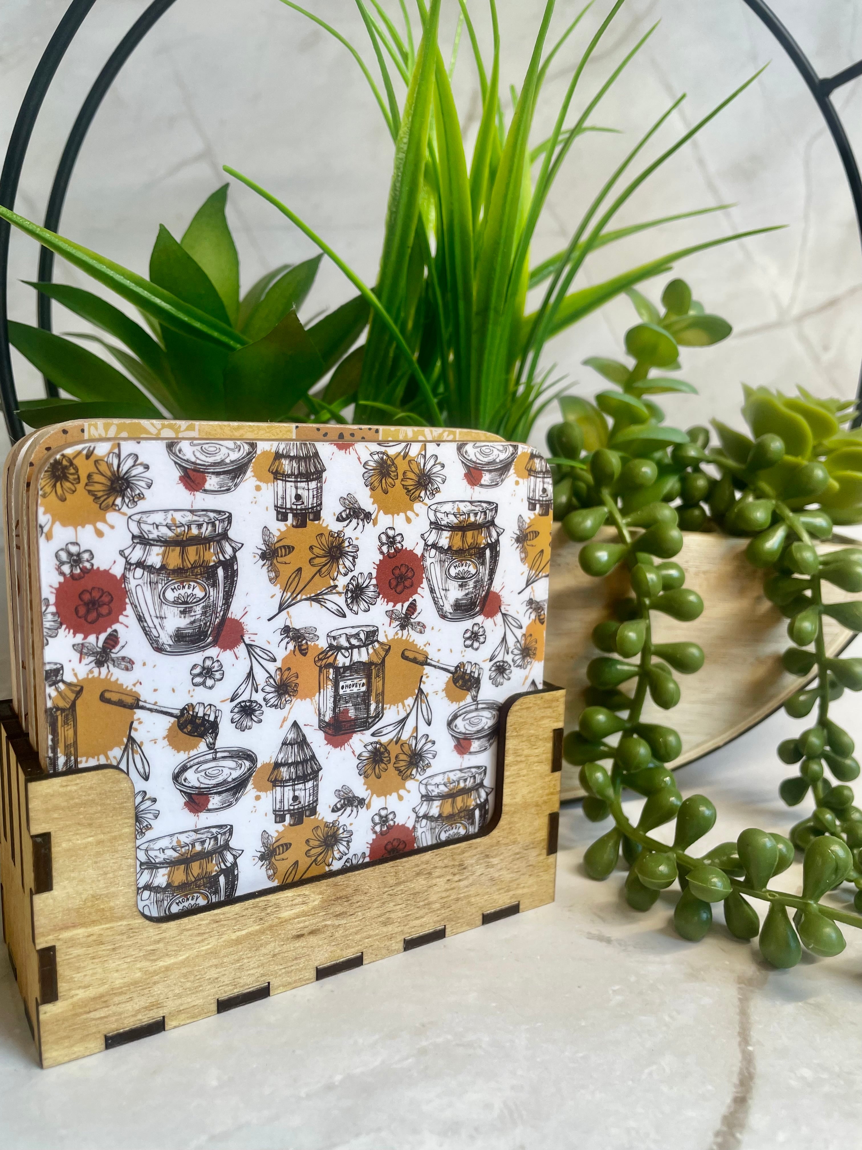 Bee Themed Wooden Coaster Set with Holder – Honeybee Drink Coasters