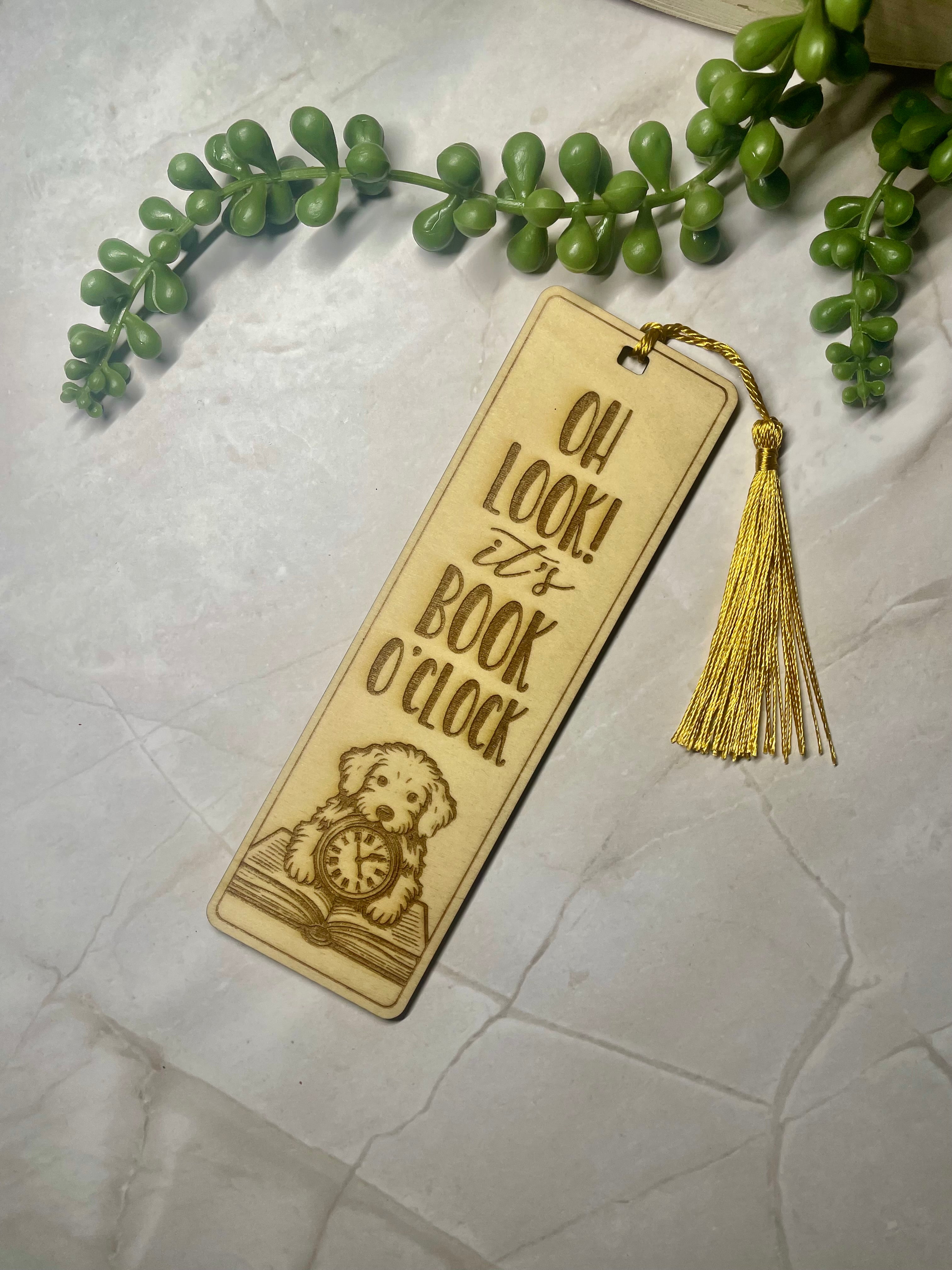 Engraved Wooden Bookmark – “Oh Look It's Book O'clock” – Book Lover Gift – Rustic Basswood Page Marker with Tassel