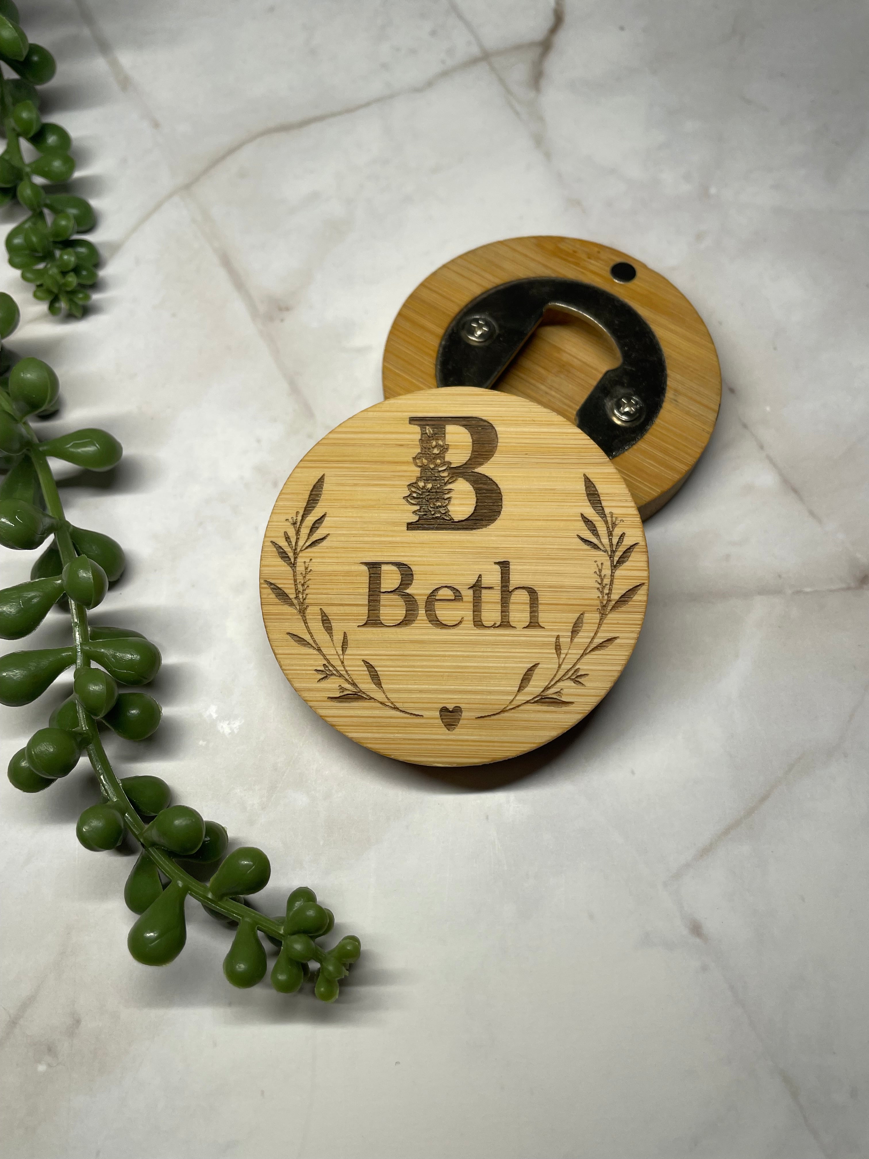 Personalised Bamboo Magnetic Bottle Opener – Initial & Name Gift