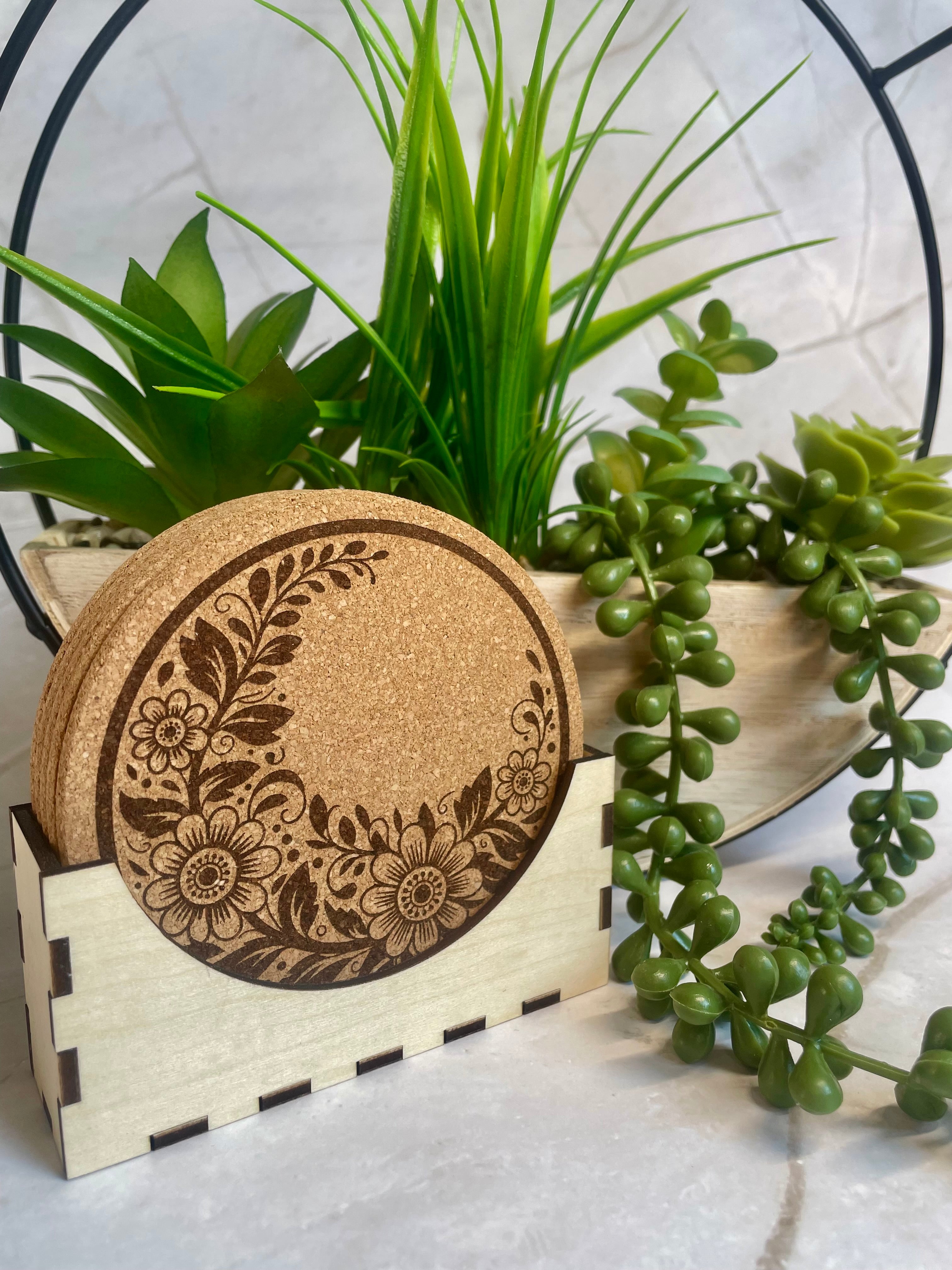 Floral Engraved Cork Coaster Set with Holder – Botanical Drink Coasters