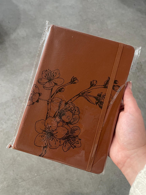 Cherry Blossoms- Engraved A5 Faux Leather Lined Notebook