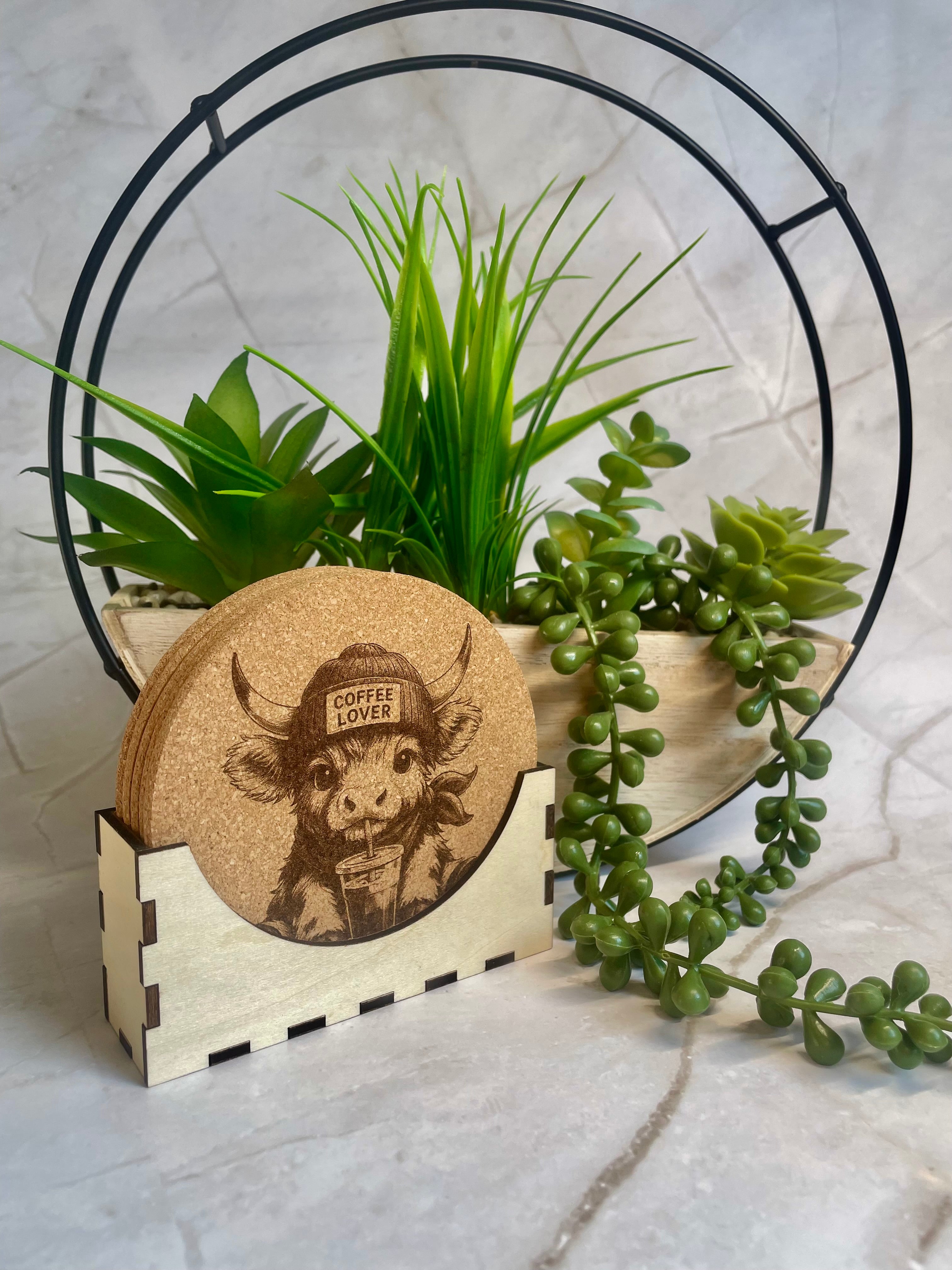 Highland Cow Coffee Lover Engraved Cork Coaster Set with Holder