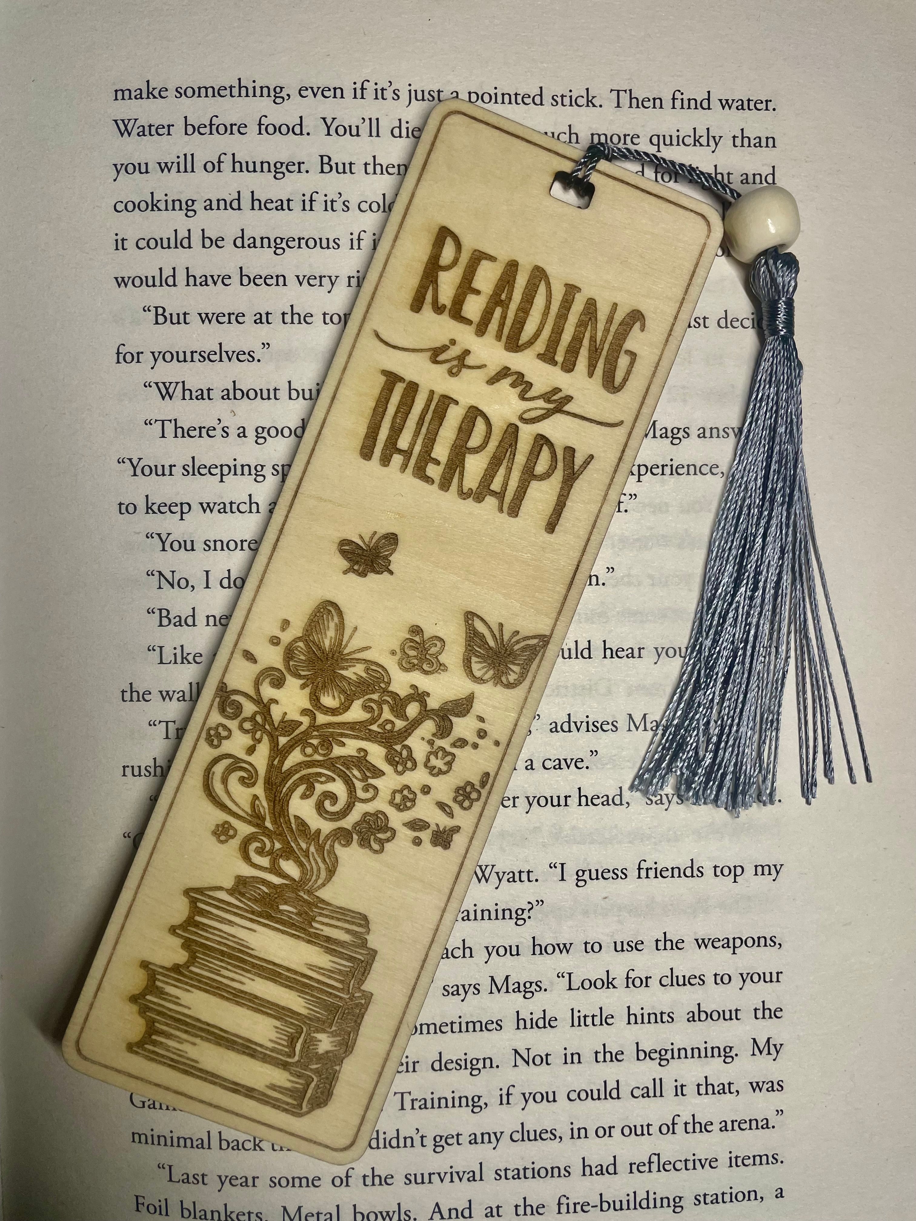 Engraved Wooden Bookmark – “Reading Is My Therapy” – Book Lover Gift – Rustic Basswood Page Marker with Tassel