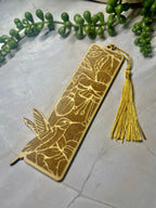 Hummingbird Wooden Bookmark – Floral Engraved Design – Rustic Basswood Page Marker with Tassel – Nature Lover Gift