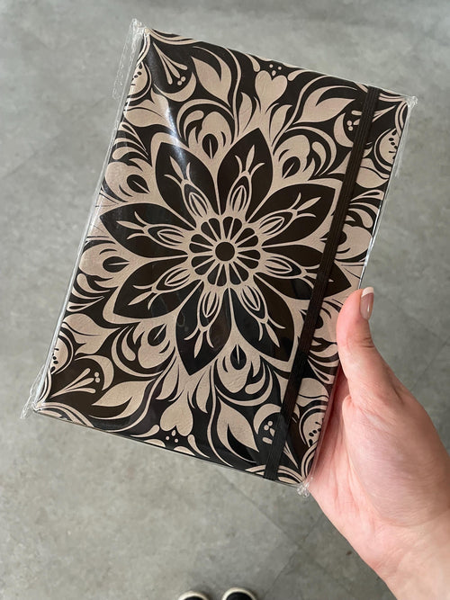 Black Floral Engraved A5 Faux Leather Lined Notebook