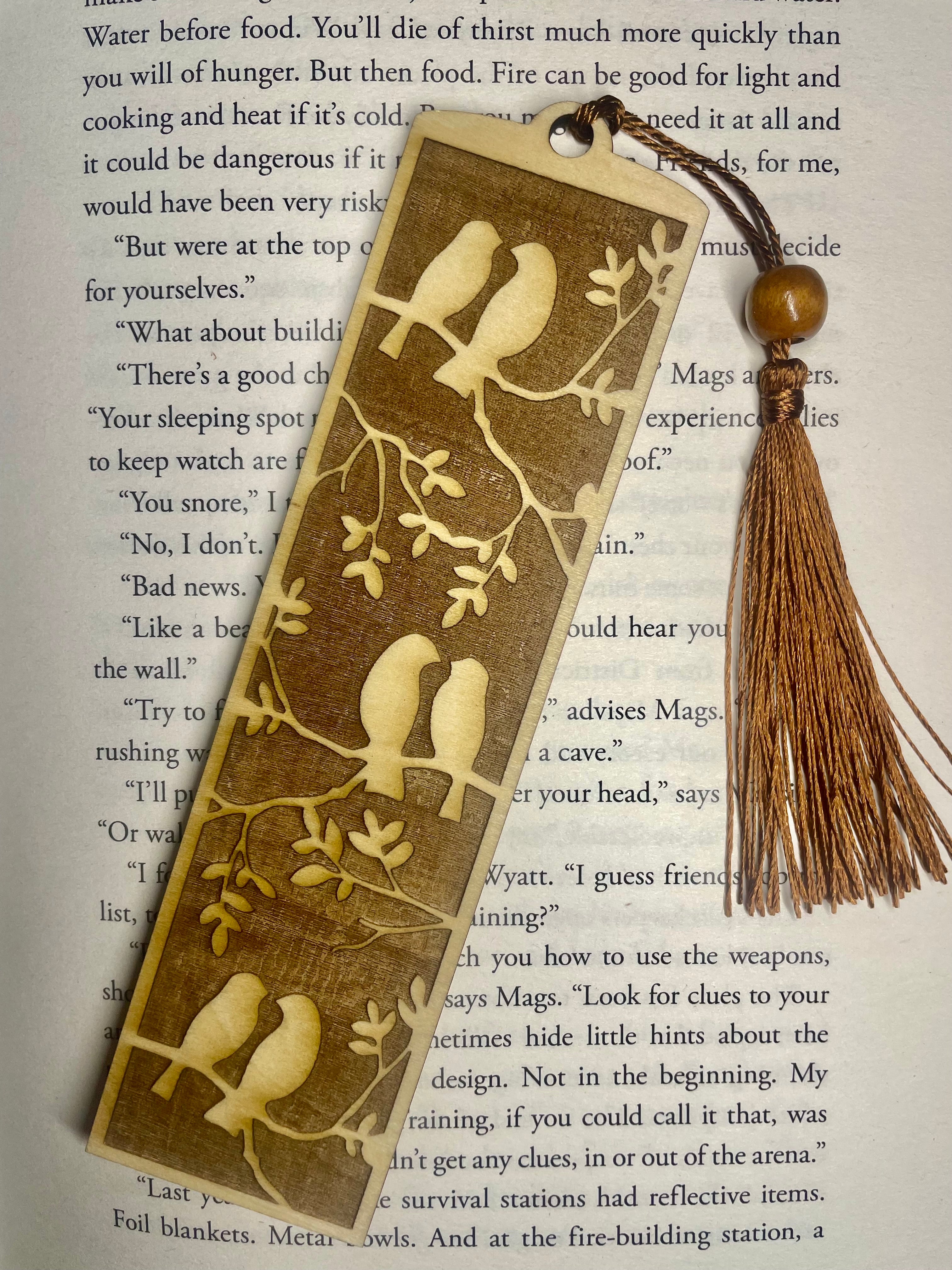 Engraved Wooden Bird Bookmark – Nature Lover Gift – Tree & Birds Design – Rustic Basswood Page Marker with Tassel