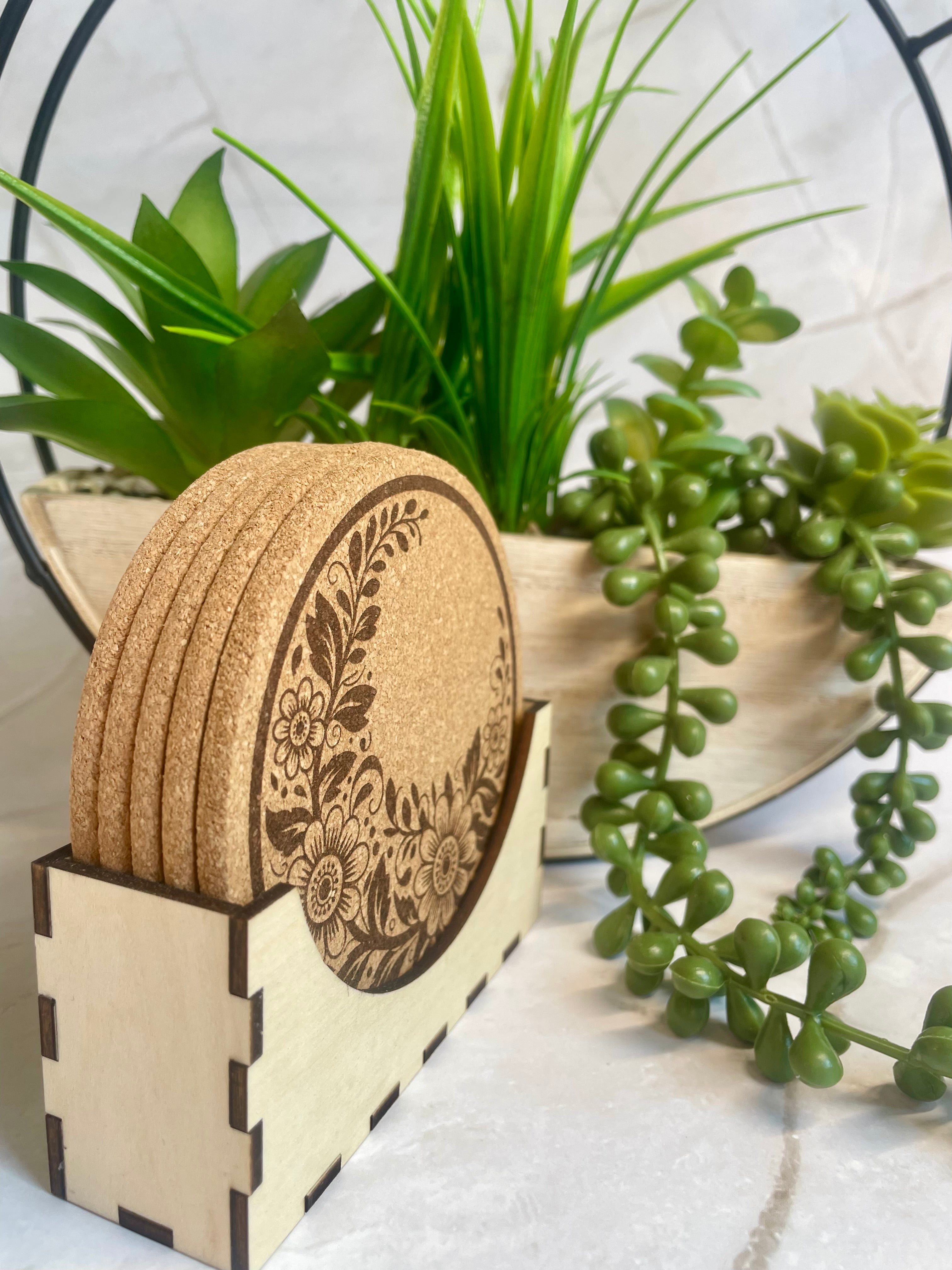 Floral Engraved Cork Coaster Set with Holder – Botanical Drink Coasters