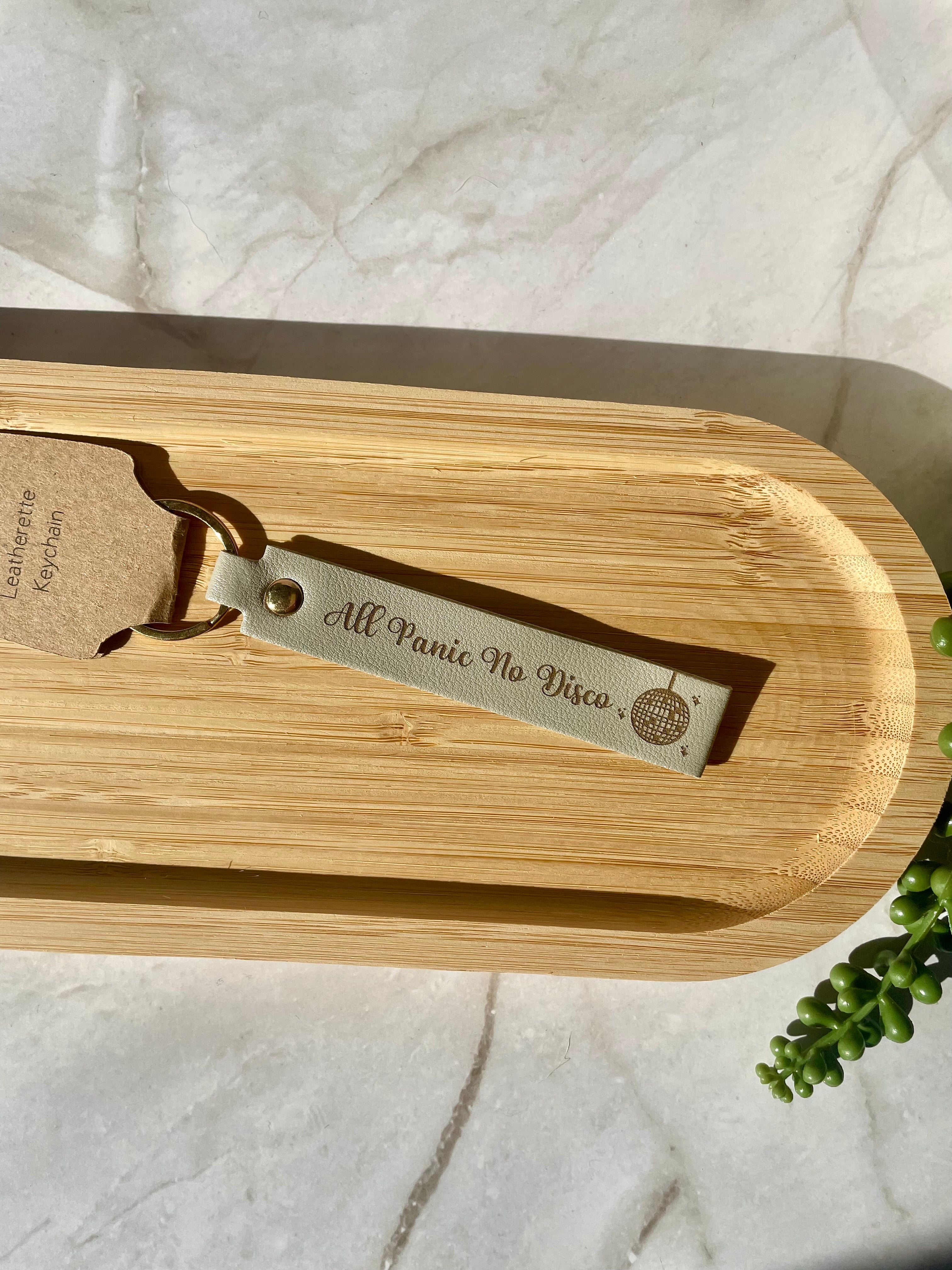 “All Panic No Disco” Faux Leather Keychain – Funny Sarcastic Keyring