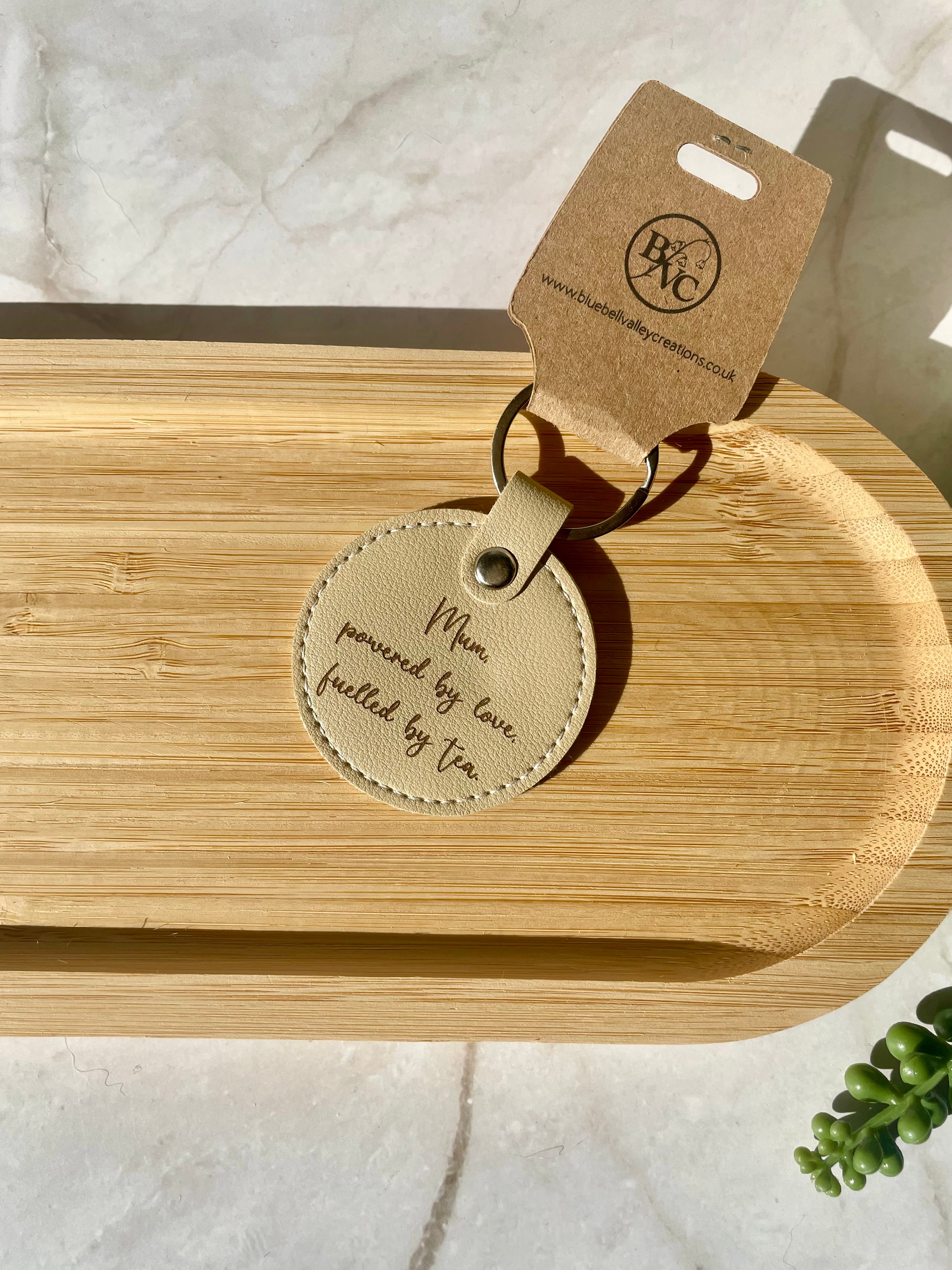 Mum “Powered by Love, Fuelled by Tea” Faux Leather Keychain – Floral Mum Gift