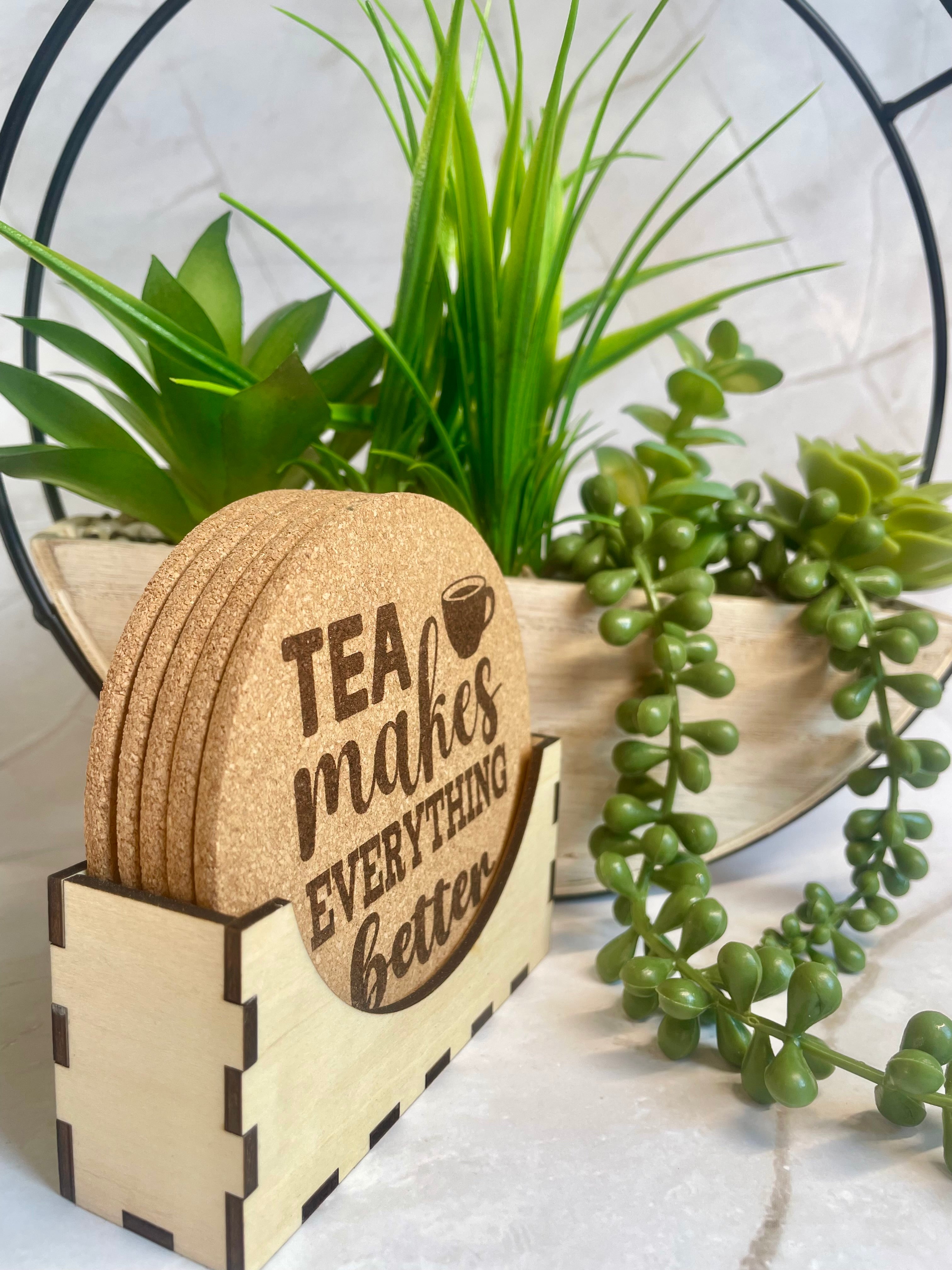 Tea Makes Everything Better Engraved Cork Coaster Set with Holder