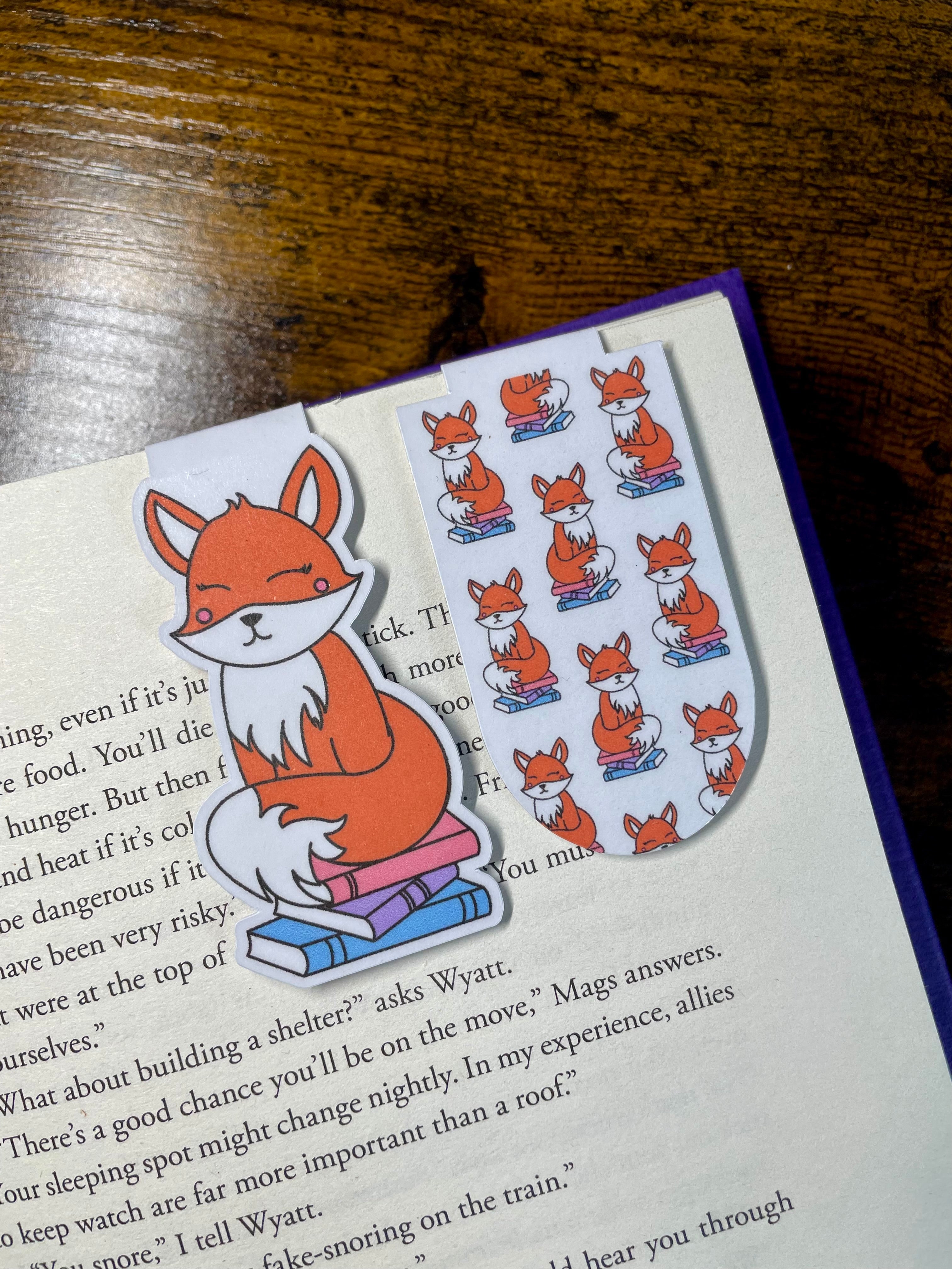 Red Fox Sitting On A Pile Of Books- Magnetic Bookmark