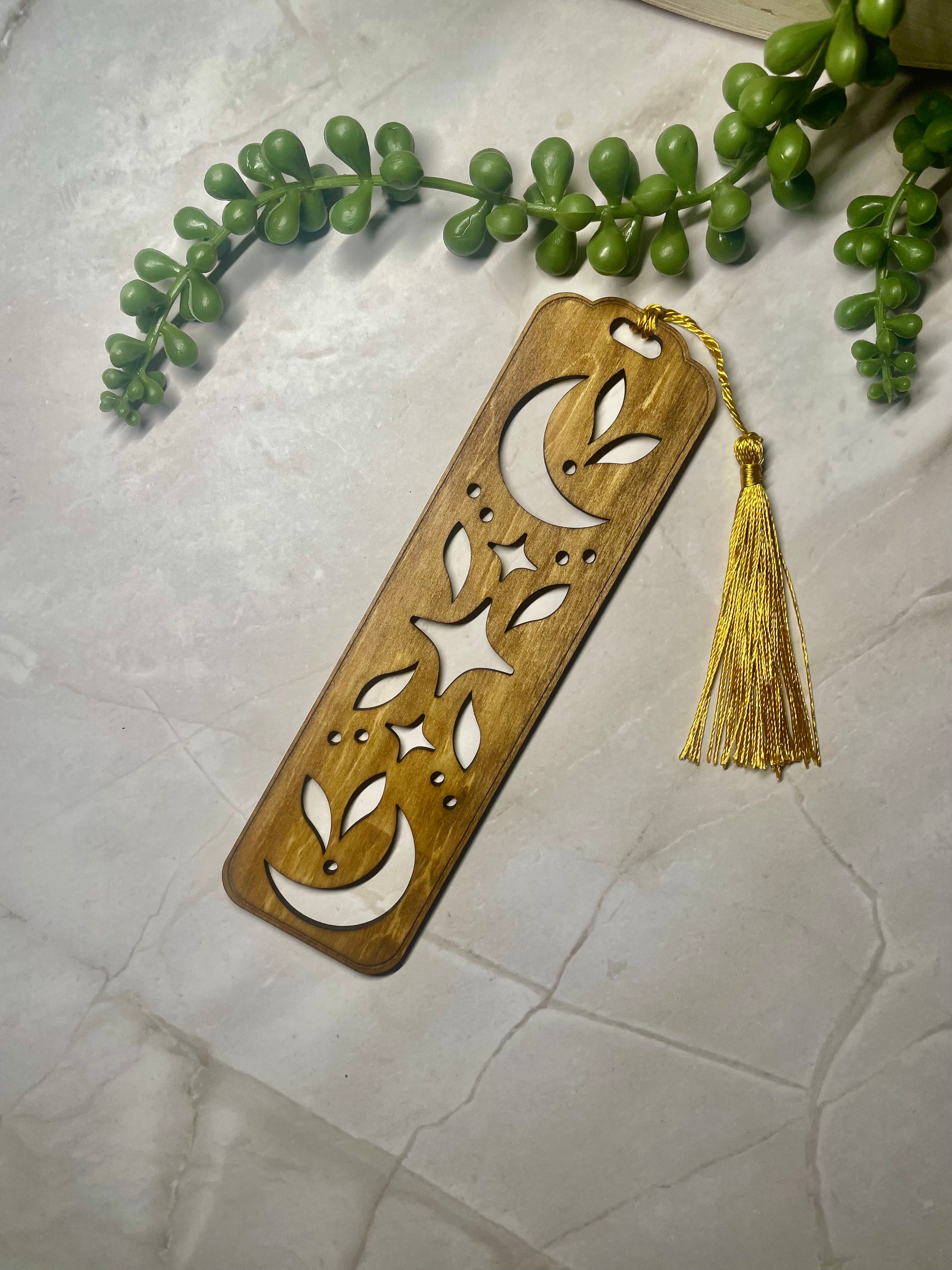 Celestial Wooden Bookmark – Moon & Stars Cut-Out Design – Rustic Basswood Page Marker with Tassel – Gift for Book Lovers