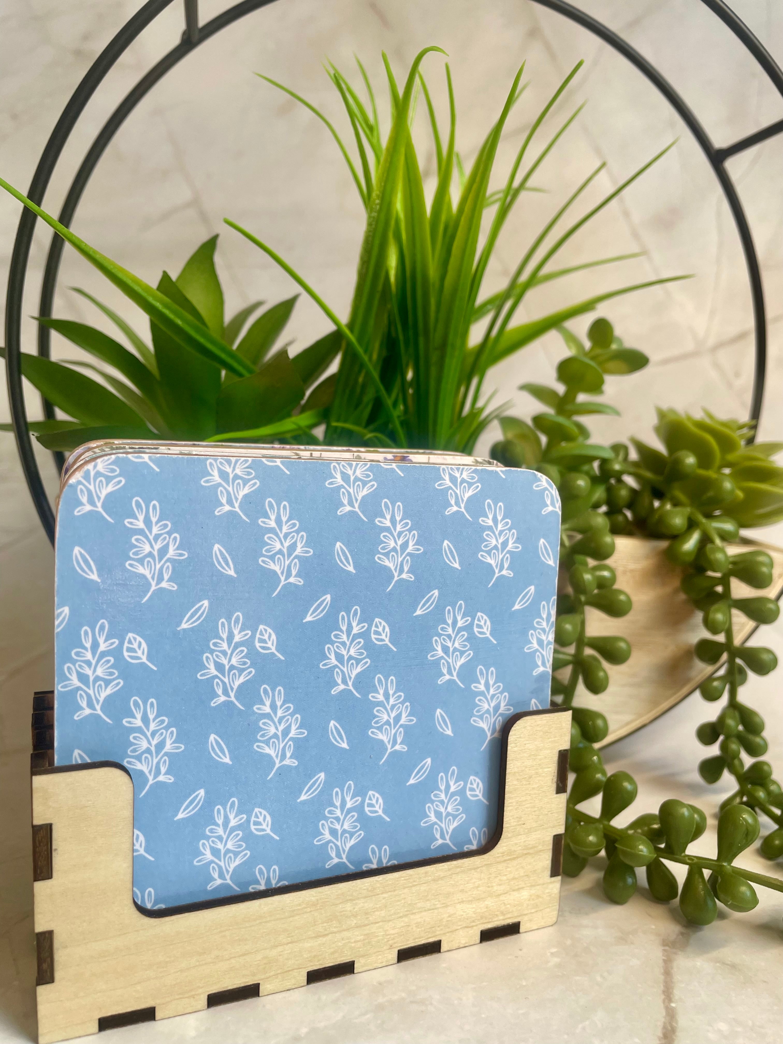 Floral Wooden Coaster Set with Holder – Botanical Drink Coasters