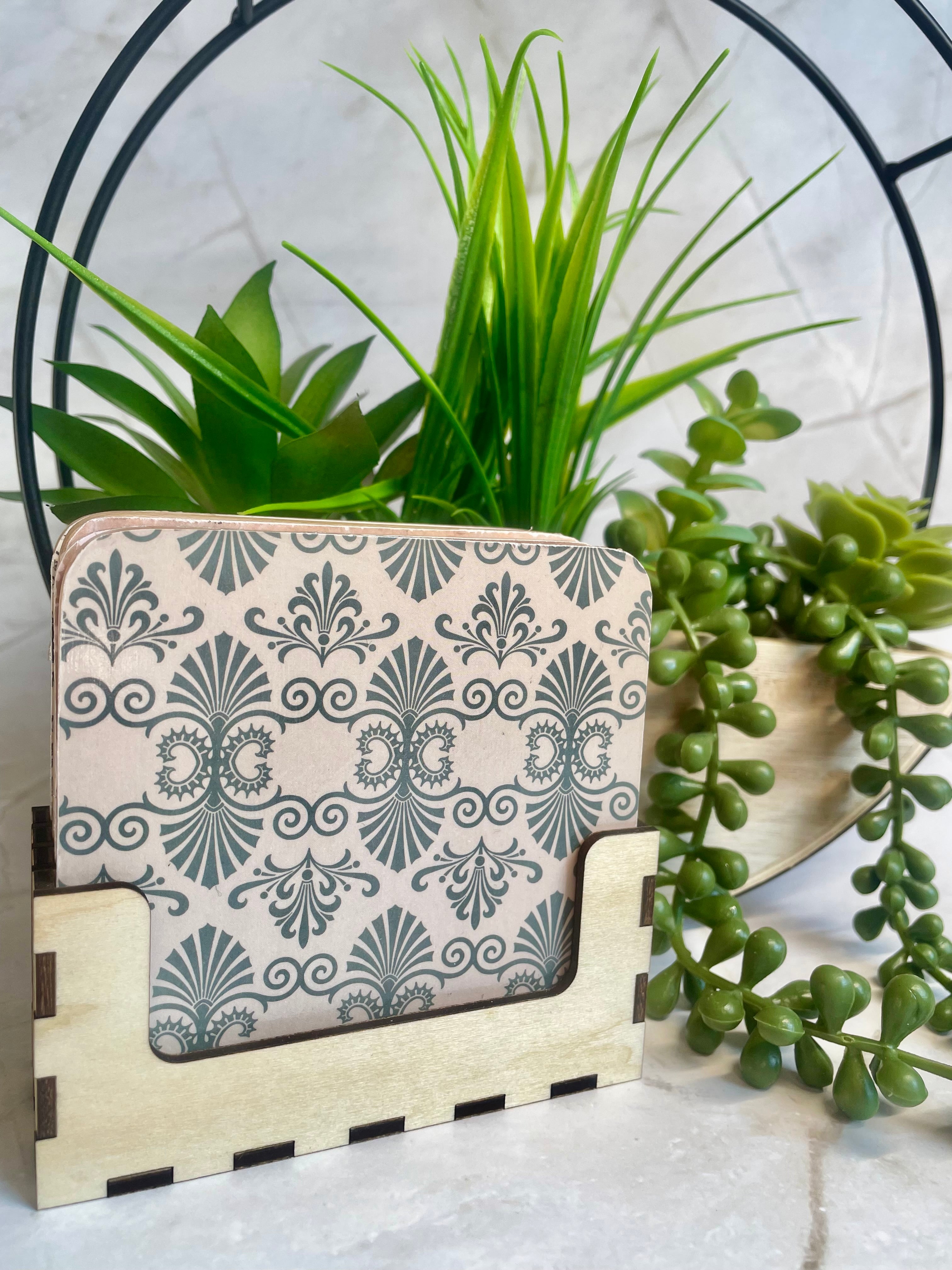 Vintage Botanical Wooden Coaster Set with Holder – Decorative Drink Coasters