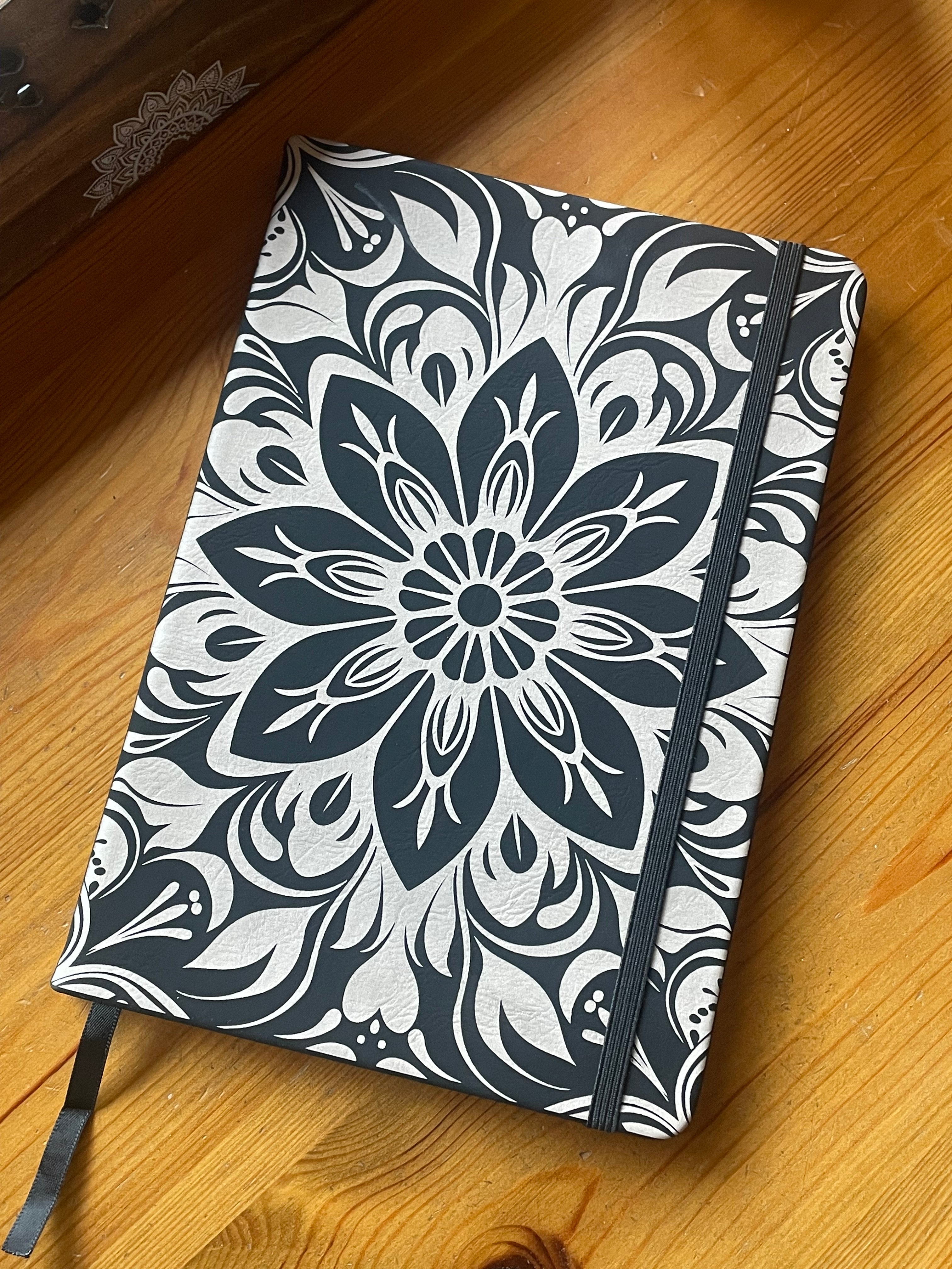 Black Floral Engraved A5 Faux Leather Lined Notebook