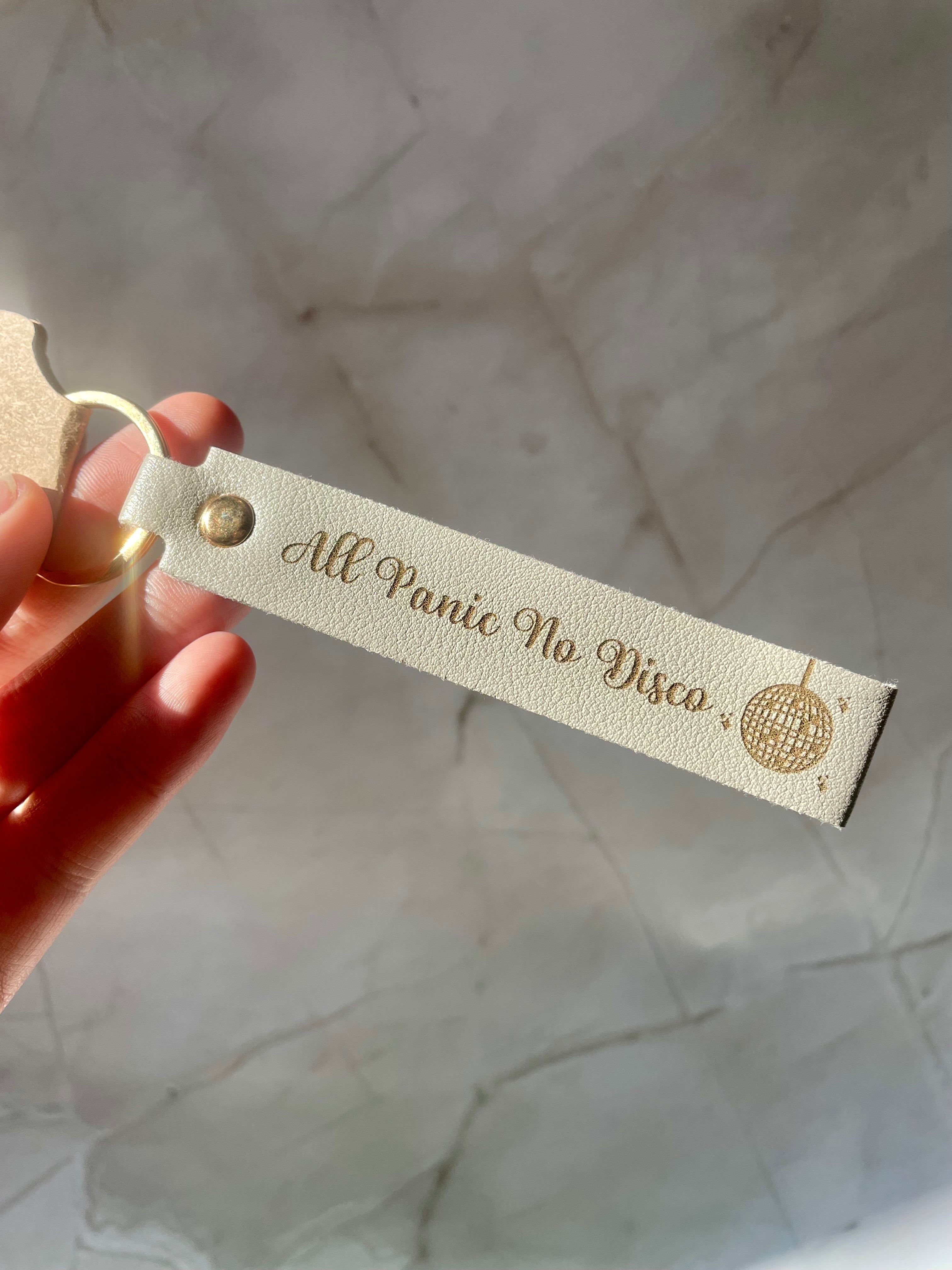 “All Panic No Disco” Faux Leather Keychain – Funny Sarcastic Keyring