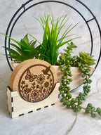 Nature Engraved Cork Coaster Set with Holder – Butterfly Floral Drink Coasters