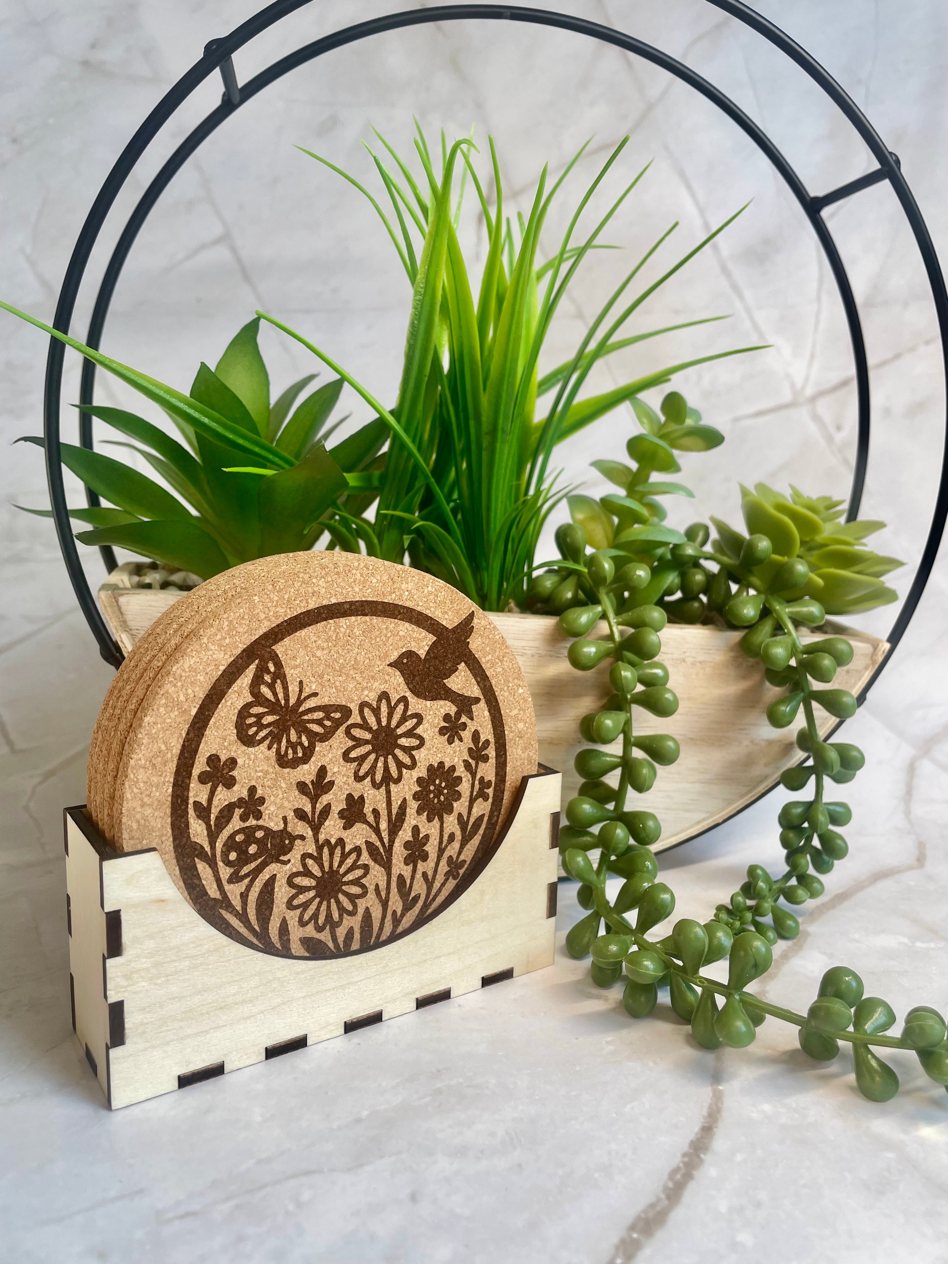 Nature Engraved Cork Coaster Set with Holder – Butterfly Floral Drink Coasters
