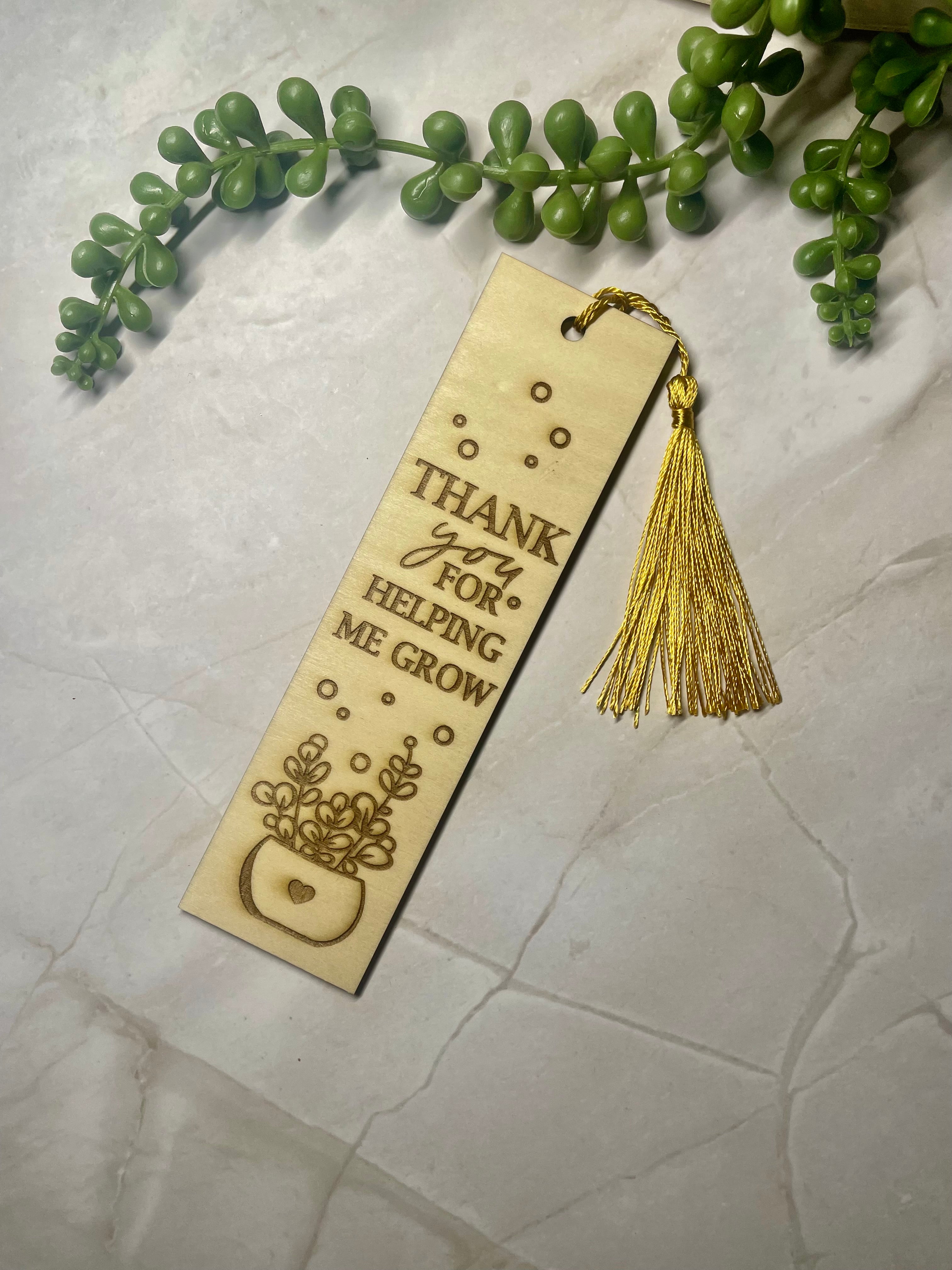Engraved Wooden Bookmark – “Thank You For Helping Me Grow” – Teacher Appreciation Gift – Rustic Basswood Page Marker with Tassel