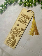Engraved Wooden Bookmark – “Reading Is My Therapy” – Book Lover Gift – Rustic Basswood Page Marker with Tassel