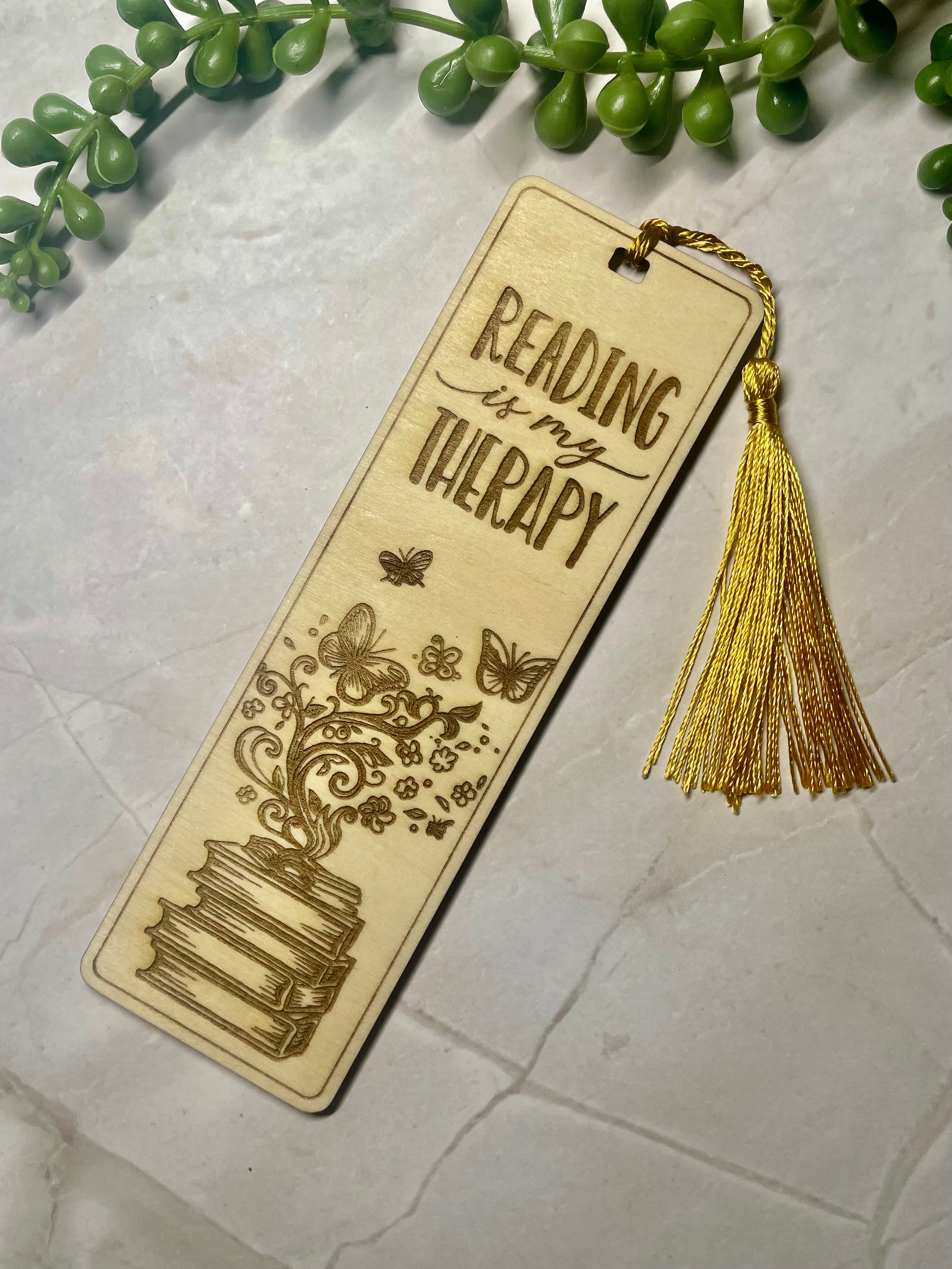 Engraved Wooden Bookmark – “Reading Is My Therapy” – Book Lover Gift – Rustic Basswood Page Marker with Tassel
