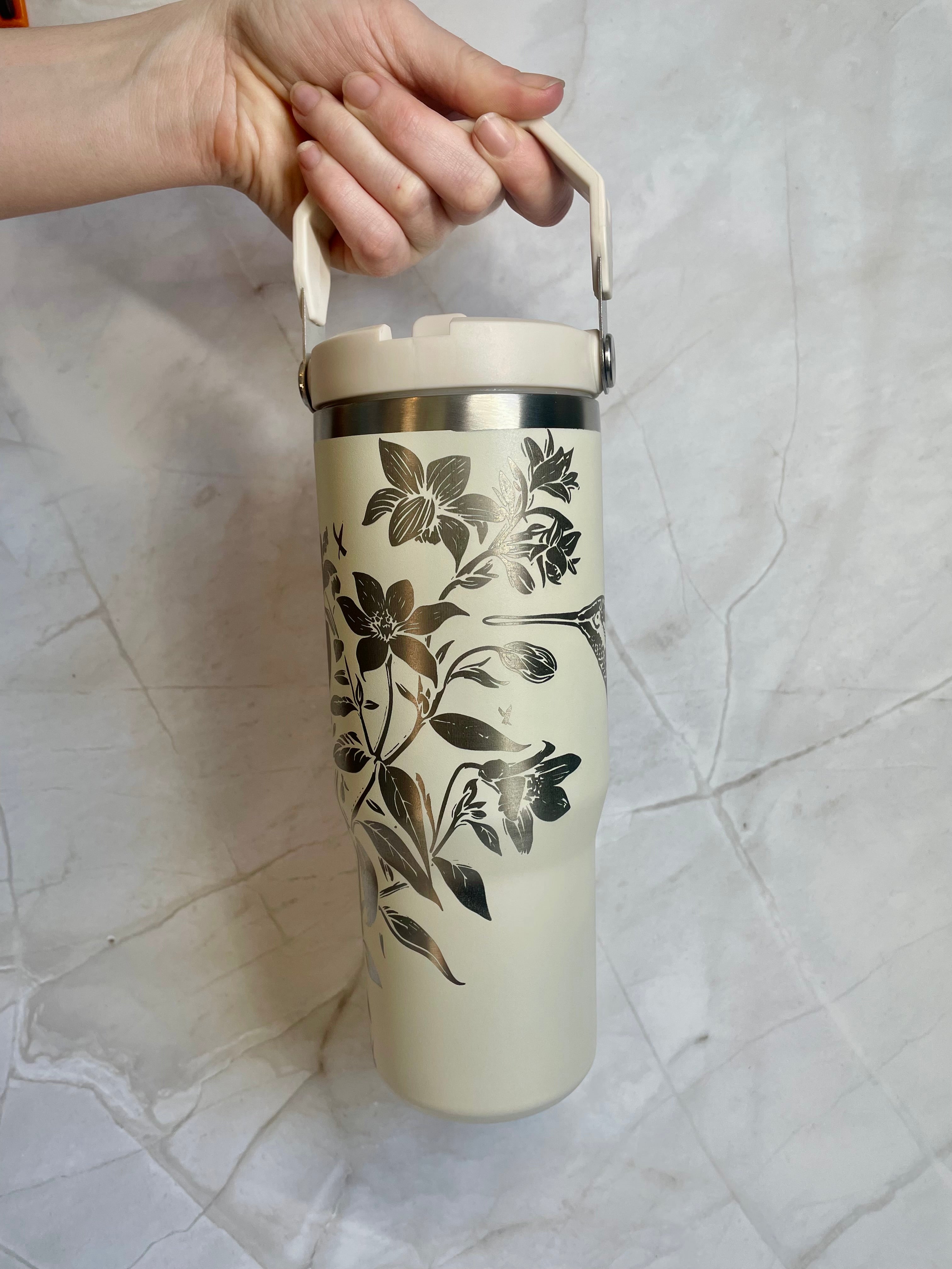 Floral & Hummingbird Engraved Stainless Steel Tumbler – Botanical Travel Mug