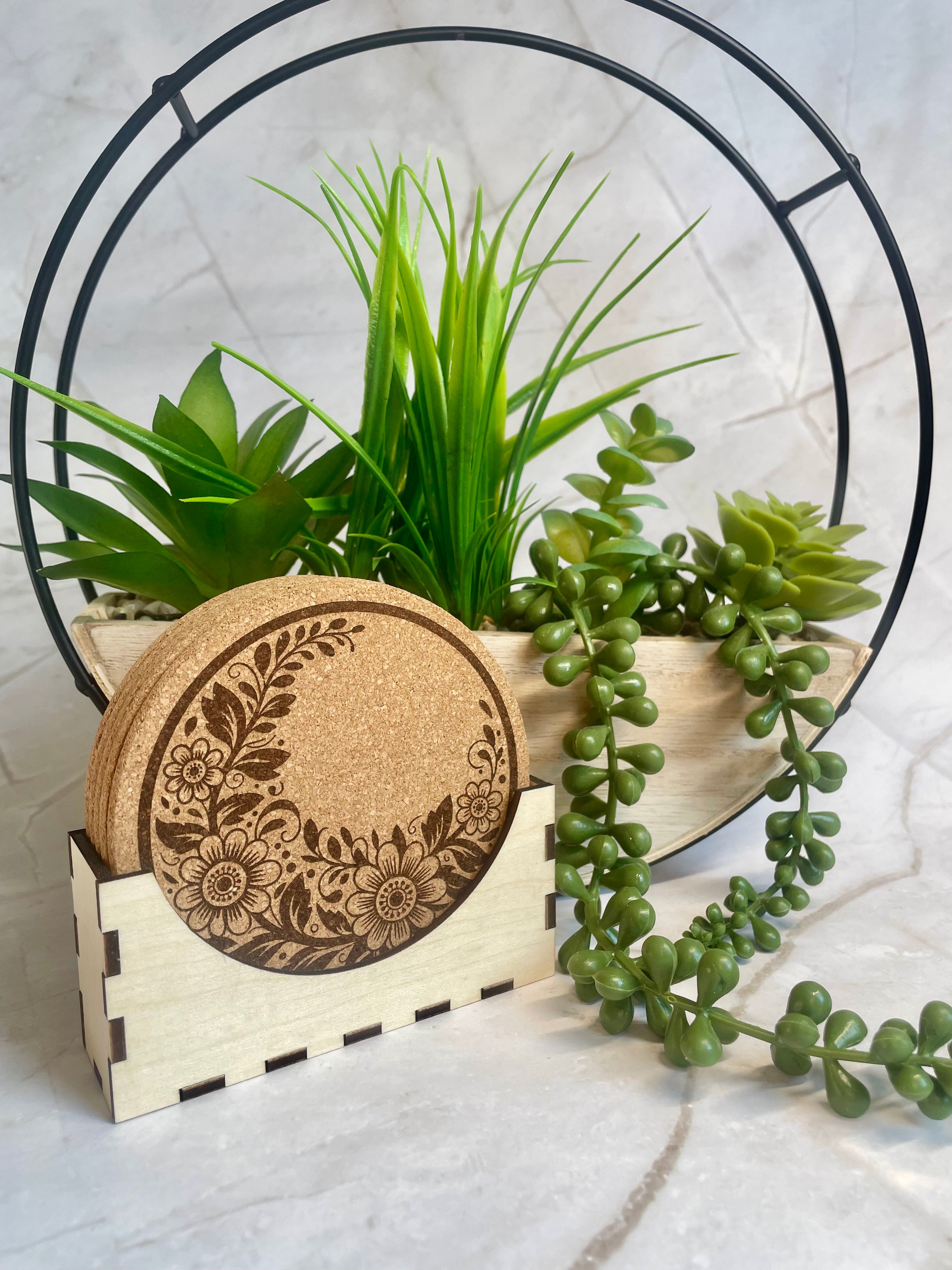 Floral Engraved Cork Coaster Set with Holder – Botanical Drink Coasters