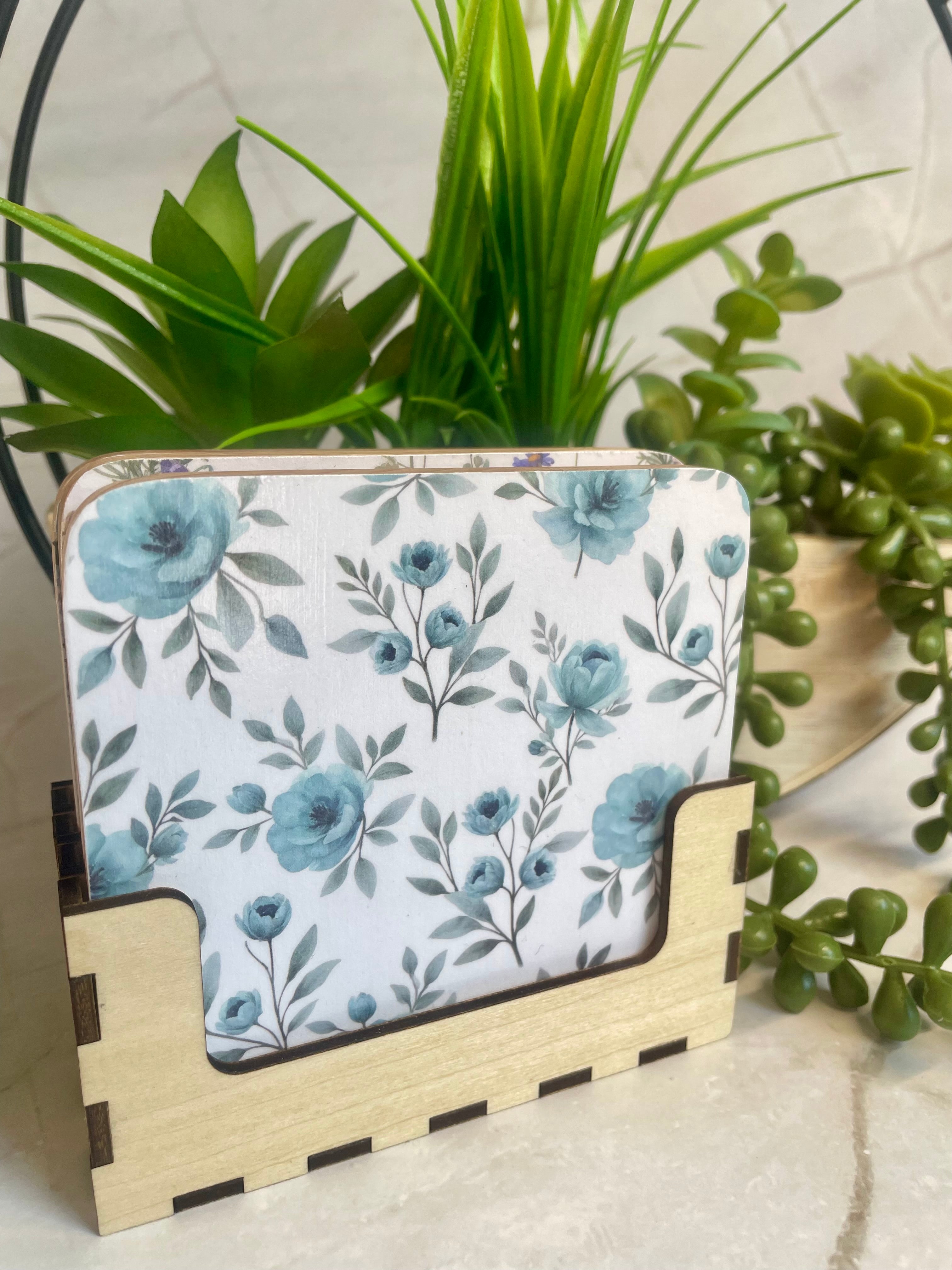 Floral Wooden Coaster Set with Holder – Botanical Drink Coasters