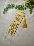 Engraved Wooden Bookmark – “Reading Is My Therapy” – Book Lover Gift – Rustic Basswood Page Marker with Tassel