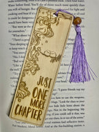 Engraved Wooden Bookmark – “Just One More Chapter” – Book Lover Gift – Rustic Basswood Page Marker with Tassel