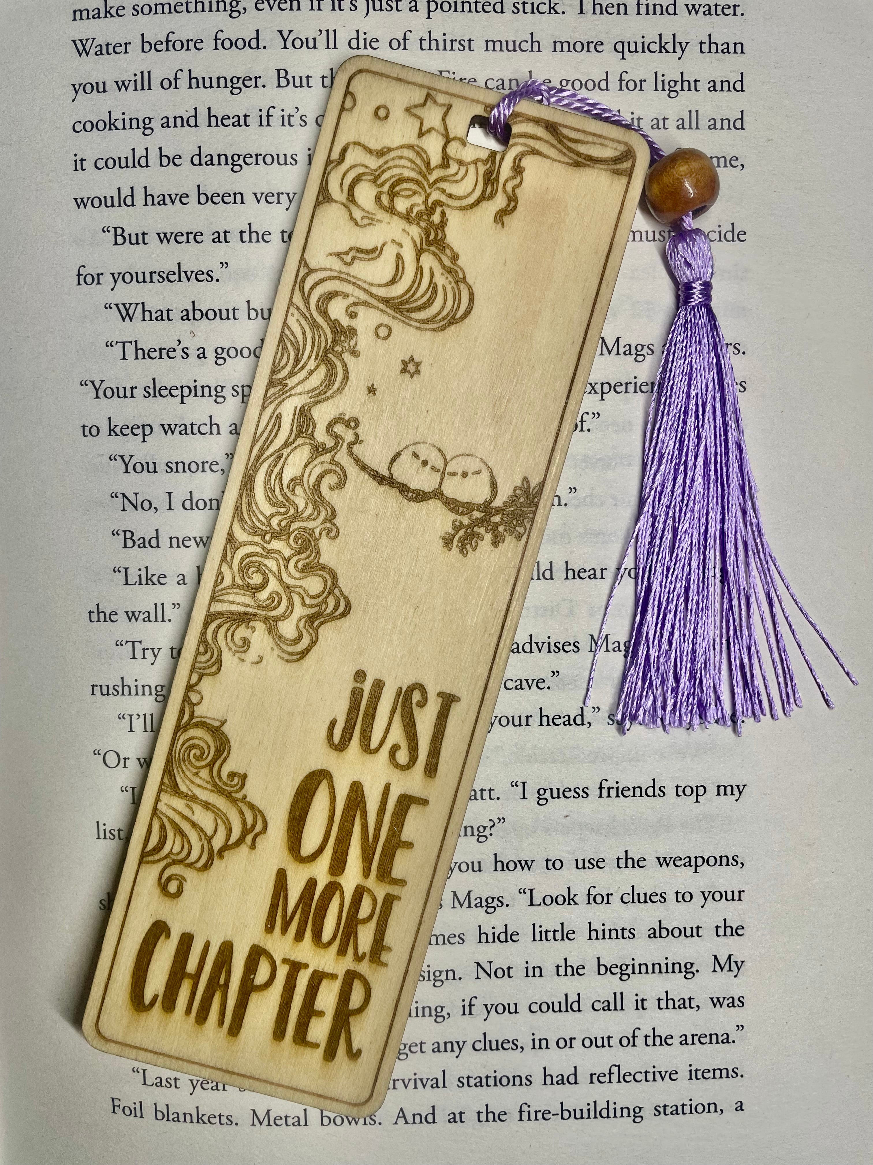 Engraved Wooden Bookmark – “Just One More Chapter” – Book Lover Gift – Rustic Basswood Page Marker with Tassel