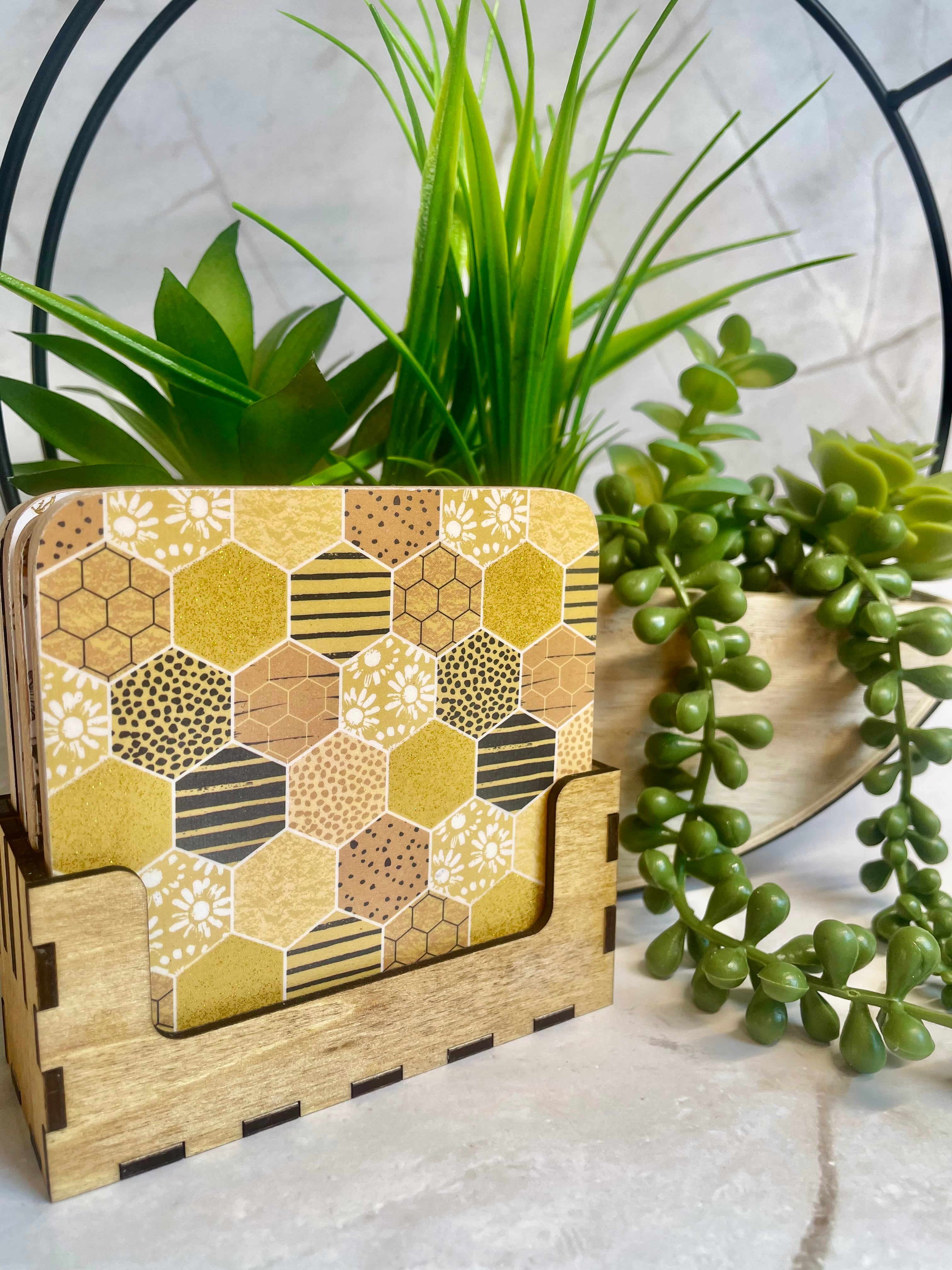 Bee Themed Wooden Coaster Set with Holder – Honeybee Drink Coasters