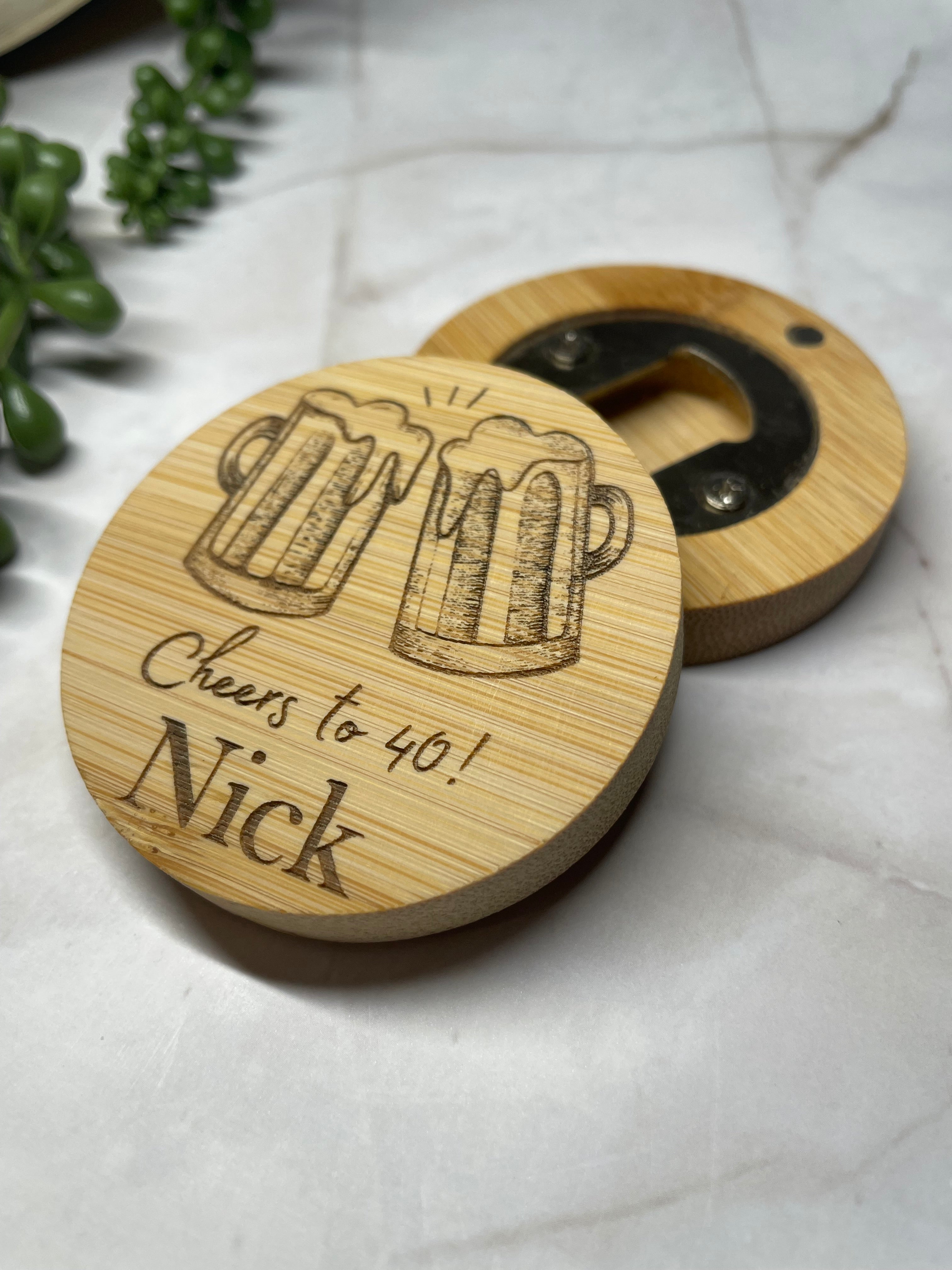 Personalised Bamboo Magnetic Bottle Opener – Custom Name Birthday Gift