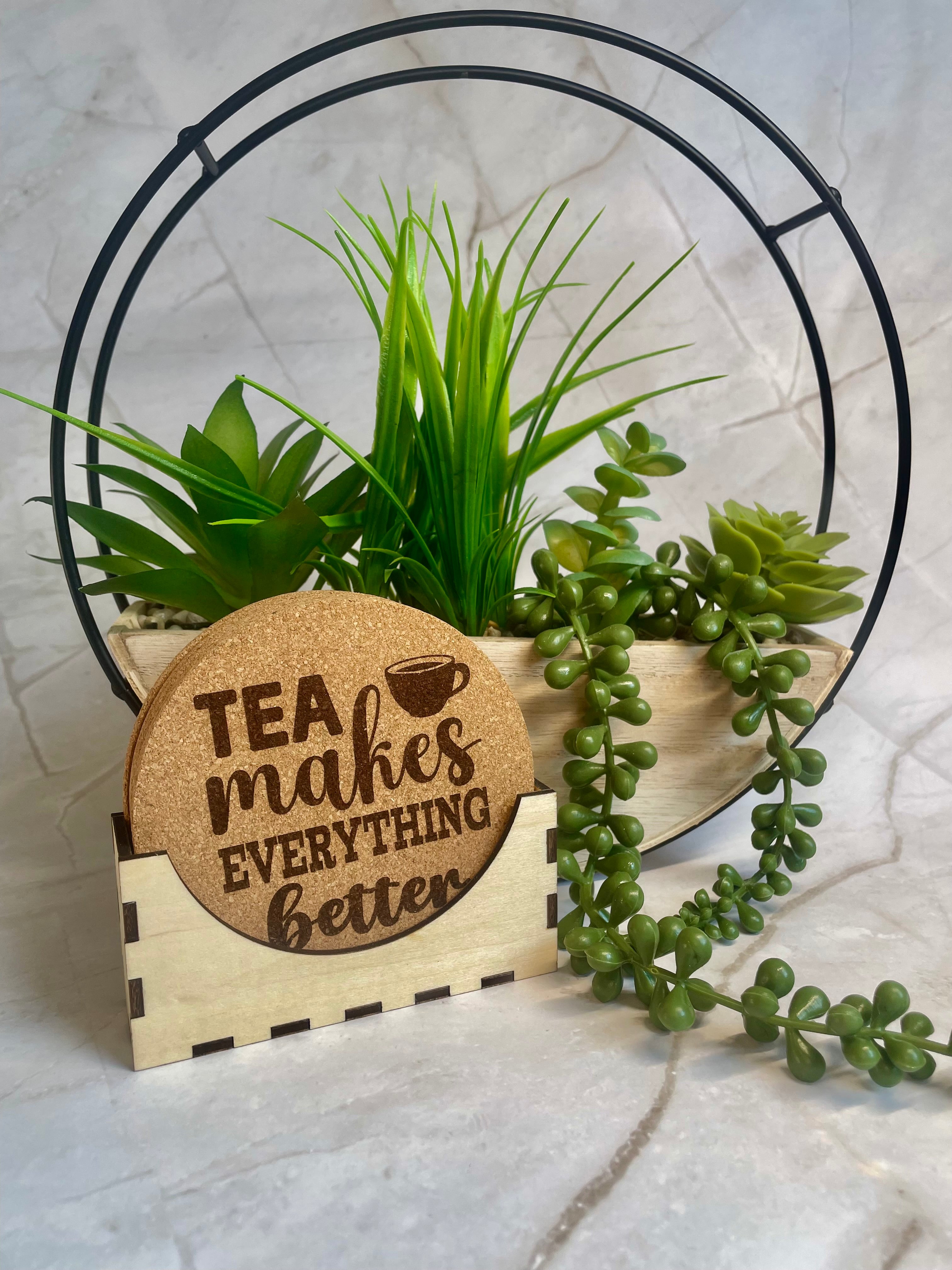 Tea Makes Everything Better Engraved Cork Coaster Set with Holder