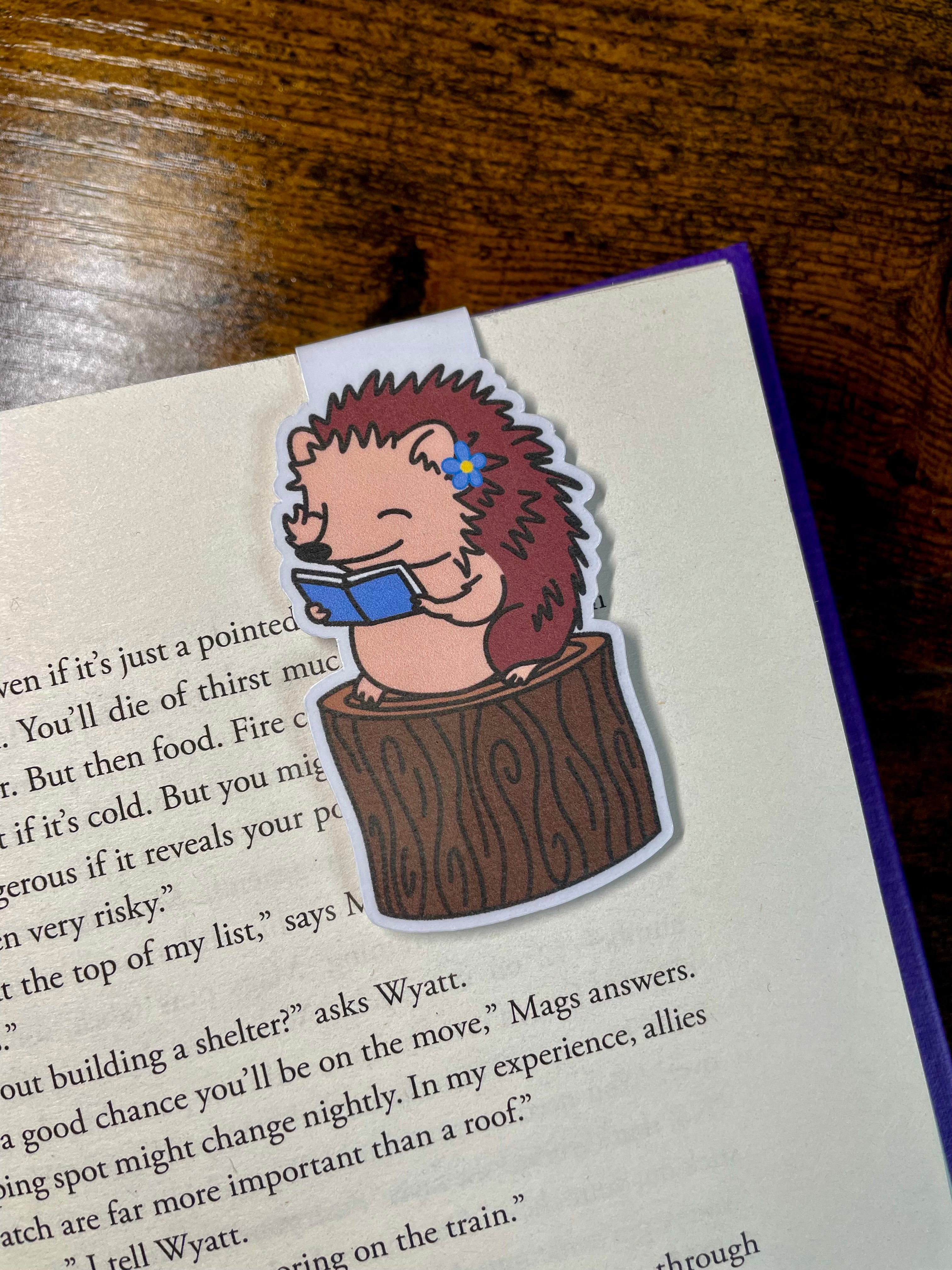 Sitting Hedgehog Reading On A Log- Magnetic Bookmark