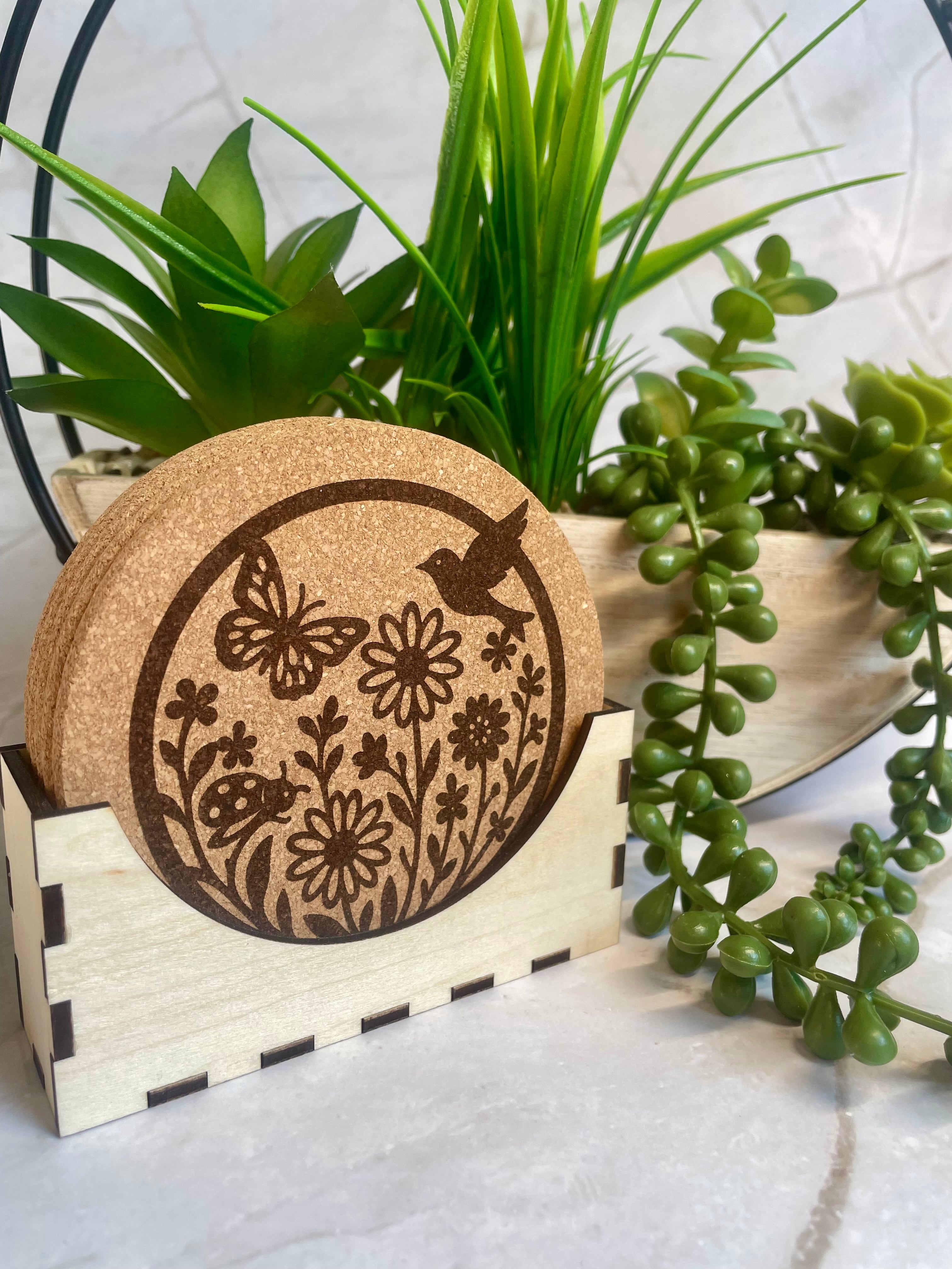 Nature Engraved Cork Coaster Set with Holder – Butterfly Floral Drink Coasters